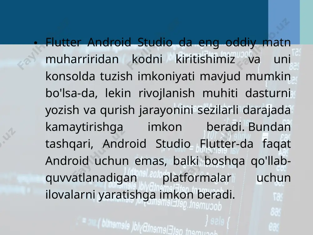 kshiriladigan yoki belgilanmagan ikkita holat tugmachasi. radio tugmasi belgilanmaganida, foydalanuvchi uni bosish yoki bosish orqali tekshirishi mumkin. togglebutton togglebutton foydalanuvchiga ikkita holat orasidagi sozlamani o'zgartirishga imkon beradi. togglebutton ob'ekt bilan tartibingizga asosiy o'tish tugmachasini qo'shishingiz mumkin . slayderni boshqarishni ta'minlaydigan o'chirgich deb nomlangan boshqa bir tugma tugmachasini taqdim etadi va uni switchob'ekt bilan qo'shishingiz mumkin . agar tugmachaning holatini o'zgartirish kerak bo'lsa, compoundbutton.setchecked()yoki compoundbutton.toggle()usulidan foydalanishingiz mumkin . switch switch - bu ikkita variantni tanlashi mumkin bo'lgan ikkita holatni o'zgartirish tugmachasi vidjeti. tanlangan variantni tanlash uchun imkoniyatini beradi. text view textview-eng ko'p ishlatiladigan komponentlardan biri. uning yordami bilan foydalanuvchi dasturda harakat qilish uchun qulayroqdir. matnni foydalanuvchiga ko'rsatadigan foydalanuvchi interfeysi elementi. foydalanuvchi tomonidan tahrirlanadigan matnni taqdim etish imkoniyatini beradi. quyidagi kod namunasi matn ko'rinishining tarkibini o'zgartirish uchun xml tartibi va kodi bilan berilgan: plain text edit text—elektron pochta xabarnomasida foydalanish uchun matnli shaklda taqdim etilgan ma'lumotlar formati. masalan. bunda ism, familyangizni, sharifingizni …