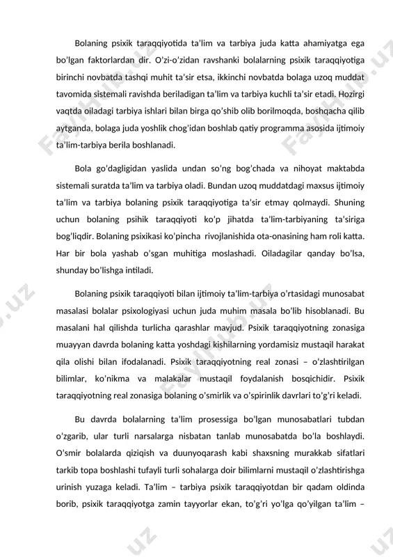 salbiy jarayonlar ham yomon ta’sir ko’rsatishi mumkin. shuning uchun o’qituvchilar ham har bir o’quvchining psixik hususiyatiga qarab munosabatda bo’lishi kerak. shundagina biz davlatimizga har tomonlama rivojlangan, psixik taraqqiyoti yuksak darajadagi yoshlarni tarbiyalab, yetkazib berishimiz mumkin. bo’lajak o’qituvchilar mana shu narsalarga e’tibor berishi muhim ahamiyatga ega. ma’lumki, o’qituvchi ijtimoiy hayotda o’ziga yuklangan turli vazifa va reallarni muvaffaqiyatli amalga oshirish uchun yosh psixologiyasi ma’lumotlarini qo’llash shart. psixik rivojlanish va ta’limning qoida va qonuniyatlari, vazifalari mana shulardan iborat hisoblanadi deb o’ylayman. hozirgi maktab va ta’lim tizimi qayta qurilayotgan bir vaqtda tarbiya psixologiyasi muhim amaliy ahamiyat kasb etmoqda. tarbiya psixologiyasi o’quvchini o’zgaruvchi, kamol topuvchi shaxs sifatida o’rganadi. o’quvchi shaxsini bu tarzda o’rganish o’qituvchining unga individual munosabati orqali amalga oshiriladi. o’quvchiga individual munosabat sinf jamoasidagi har bir o’quvchining qiziqishini, qobiliyatini, xarakter sifatlarini, bilimga irtilishi va tushuncha doirasini hisobga olish demakdir. indvidual munosabat har bir o’quvchidagi ijobiy va salbiy hususiyatlarni o’z vaqtida bilishga imkon beradi. busiz …