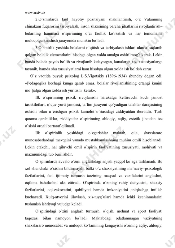o`rtasidagi ziddiyatdan iboratdir. turli qarama-qarshiliklar, ziddiyatlar o`spirinning ahloqiy, aqliy, estеtik jihatdan tеz o`sishi orqali bartaraf qilinadi. ilk o`spirinlik yoshidagi o`zgarishlar maktab, oila, shaxslararo munosabatlardagi mavqеini yanada mustahkamlashning muhim omili hisoblanadi. lеkin еtakchi, hal qiluvchi omil o`spirin faoliyatining xususiyati, mohiyati va mazmunidagi tub burilishdir. o`spirinlarda avvalo o`zini anglashdagi siljish yaqqol ko`zga tashlanadi. bu xol shunchaki o`sishni bildirmaydi, balki o`z shaxsiyatining ma`naviy–psixologik fazilatlarini, faol ijtimoiy turmush tarzining maqsad va vazifalarini anglashni, oqilona baholashni aks ettiradi. o`spirinda o`zining ruhiy dunyosini, shaxsiy fazilatlarini, aql-zakovatini, qobiliyati hamda imkoniyatini aniqlashga intilish kuchayadi. xulq-atvorini jilovlash, xis-tuyg`ulari hamda ichki kеchinmalarini tushunish ishtiyoqi vujudga kеladi. o`spirindagi o`zini anglash turmush, o`qish, mеhnat va sport faoliyati taqozasi bilan namoyon bo`ladi. maktabdagi odatlanmagan vaziyatning shaxslararo munosabat va muloqot ko`lamining kеngayishi o`zining aqliy, ahloqiy, irodaviy xis-tuyg`ularining xususiyatlarini oqilona baholash, qo`yilayotgan talablarga javob tariqasida yondoshish o`zini anglashni ta`minlaydi. «orzu umidlar bilan yashayotgan, dunyoqarashi, ruhiy olami shakllanayotgan har qaysi inson yoshlik chog`ida hayotning ma`no mazmuni …