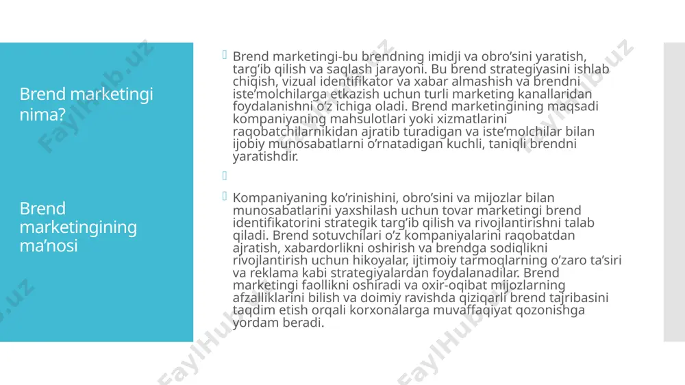 ni oshiradi va biznesni takrorlaydi. bundan tashqari, kuchli brend premium narxlarni boshqarish va mijozlar targ’ibotini yaratish orqali daromadlarning o’sishiga olib kelishi mumkin. yana brend marketingi mijozlarga ular bilan mustahkam hissiy aloqalarni rivojlantirishga yordam beradi, bu esa doimiy munosabatlar va mijozlarning sodiqligini ta’minlaydi. 1. farqlash: iste’molchilar tanlov bilan bombardimon qilinadigan to’yingan bozorda tovar marketingi kompaniyaning ajralib turishiga yordam beradi. bu mahsulot xususiyatlari, qadriyatlari yoki mijozlarning umumiy tajribasi orqali brendni noyob qiladigan narsani belgilaydi. 2. ishonch va ishonchlilik: ishonch har qanday muvaffaqiyatli brend-iste’molchi munosabatlarining asosidir.iste’molchilar brendga ishonganlarida, uni boshqalardan ko’ra tanlash, boshqalarga tavsiya qilish va uzoq muddatda sodiq qolish ehtimoli ko’proq. 3. premium narxlash: kuchli brend bozorda mukofotni buyuradi. iste’molchilar brendni obro’li, ishonchli va yuqori qiymatni taklif qiladigan deb bilganda, ular ko’pincha uning mahsulotlari yoki xizmatlari uchun ko’proq pul to’lashga tayyor. brend marketingi ushbu qiymat idrokini yaratish va mustahkamlashda muhim rol o’ynaydi, bu kompaniyalarga yuqori narxlarni oqlash va yaxshi foyda marjalariga erishish …