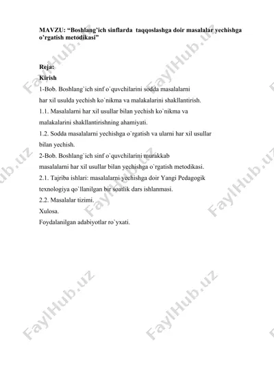 boshlang’ich sinflarda taqqoslashga doir masalalar yechishga o’rgatish metodikasi — DOCX