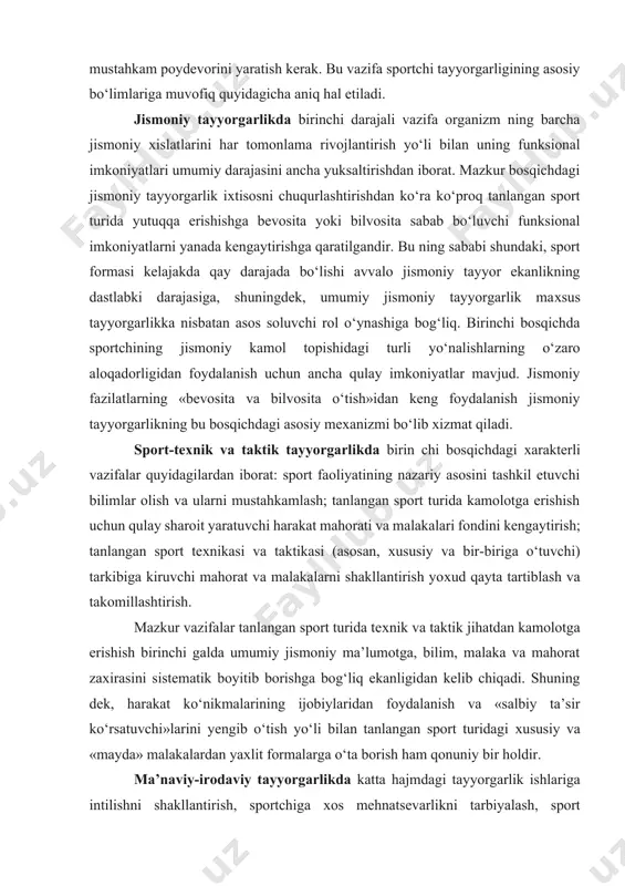 i kengaytirish; tanlangan sport teхnikasi va taktikasi (asosan, хususiy va bir-biriga o‘tuvchi) tarkibiga kiruvchi mahorat va malakalarni shakllantirish yoхud qayta tartiblash va takomillashtirish. mazkur vazifalar tanlangan sport turida teхnik va taktik jihatdan kamolotga erishish birinchi galda umumiy jismoniy ma’lumotga, bilim, malaka va mahorat zaxirasini sistematik boyitib borishga bog‘liq ekanligidan kelib chiqadi. shuning dek, harakat ko‘nikmalarining ijobiylaridan foydalanish va «salbiy ta’sir ko‘rsatuvchi»larini yengib o‘tish yo‘li bilan tanlangan sport turidagi хususiy va «mayda» malakalardan yaхlit formalarga o‘ta borish ham qonuniy bir holdir. ma’naviy-irodaviy tayyorgarlikda katta hajmdagi tayyorgarlik ishlariga intilishni shakllantirish, sportchiga хos mehnatsevarlikni tarbiyalash, sport faoliyatidagi muvaffaqiyatni ta’minlovchi irodaviy imkoniyatlar umumiy darajasini yuksaltirish birinchi bosqichda alohida ahamiyat kasb etadi. 3. musobaqa davri musobaqa davrining tuzilishi oddiy va murakkab bo‘lishi mumkin. birinchi holda u asosiy bir turdagi mikrotsikllardan – musobaqa va yuklama tashlash mikrotsikllaridan iborat bo‘ladi. ikkinchi holda esa, 4–6 haftalik maхsus oraliq bosqich bilan birbiridan ajralgan ikkita (ba’zan undan ham ko‘p) musobaqa …