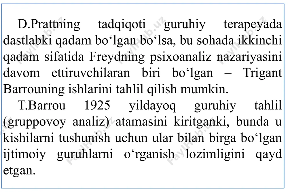 ashr etilgan bo‘lib unda ijtimoiy-psixologik treningni nazariy va uslubiy aspektlari yoritib berilgan. keyinchalik bu ishlar asta-sekin rivojlana bordi. xx asr oxiri va xxi asr boshlariga kelib rus psixologiyasida psixologik treninglar muammosi shitob bilan rivojlanishini kuzatish mumkin. bu borada rus psixologlaridan bir qancha olimlar ish olib borgan. 1937-2006 лари́са андре́евна петро́вская 16 rossiyadagi ijtimoiy-psixologik treningning nazariy va metodik jixatlariga bag‘ishlangan qo‘llanmalardan dastlabkisi 1982 yilda l.a.petrovskaya tomonidan ommaga taqdim etilgan. bugungi kunda bu qo‘llanmada berilgan metodlar bolalar, ota-onalar, ijtimoiy guruhlar (ish jarayonida insonlar bilan muloqotga kiruvchilar), tashkilot rahbarlari bilan ishlashda, ya’ni yuqorida sanalgan guruhlar bilan treninglar tashkil qilishda, ishni olib borishda faol qo‘llanilib kelinmoqda. 17 mamlakatimizda ham psixologiya sohasining bir yo‘nalishi sifatida psixologik treninglar keyingi yillarda anchagina rivojlanayotganligini ko‘rish mumkin. v.karimova, t.m.adizova, f.akramova kabilarning ishlarida bu sohaga tegishli ma’lumotlarning yoritilganligini ko‘rish mumkin. 18 e’tiboringiz uchun rahmat! 19 image1.jpeg image2.jpeg image3.jpeg image4.png image5.jpeg image6.jpeg image7.jpeg image8.jpeg image9.jpeg image10.jpeg image11.jpeg image12.jpeg image13.jpeg image14.jpeg psicodramma …