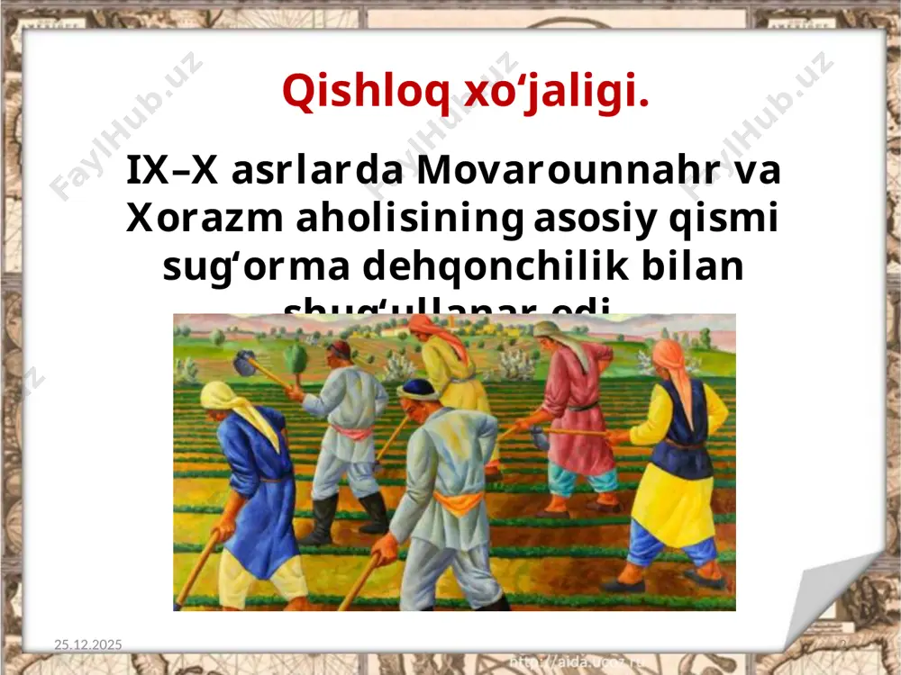 i va chag‘oniyonning yirik yer-mulk egasi abu ali chag‘oniy yordamida ibrohim buxoro taxtini egallab oladi. qo‘zg‘olonchilar amir saroyini talaydilar va unga o‘t qo‘yib yuboradilar. bunday voqealarning tez-tez qaytarilib turishi, shubhasiz, markaziy hokimiyatning zaiflashib qolganidan dalolat berardi. 15.10.2019 14 savol va topshiriqlar: 1. somoniylar davrida qishloq xo‘jaligining qaysi sohalari rivoj topdi? 2. hunarmandchilikning qaysi turlari rivojlangan? 3. ayting-chi, karvonsaroylar nima uchun bunyod etilgan? 4. somoniylar davrida ichki va tashqi savdoda qanday pul birliklari ishlatilgan? 5. yer egaligining qanday turlari mavjud bo‘lgan? 6. barzikorlar va qo‘shchilar kimlar edi? 7. ayting-chi, somoniylar hokimiyatini inqirozga olib kelgan sabablar nimalardan iborat edi? o‘ylab ko‘ring-chi, uning oldini olish uchun nimalar qilish mumkin edi? 15.10.2019 15 image2.png image3.jpeg image4.jpeg image5.jpeg image6.jpg image7.jpeg image8.jpeg image9.jpeg image10.jpeg image11.jpg image12.jpeg image13.jpg image14.jpg image15.jpg image16.jpeg image1.jpeg