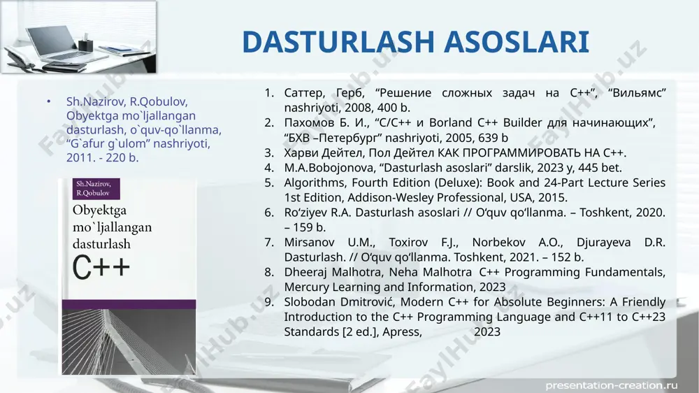 zorati vaqtni muvofiqlashtirish va boshqarish vizual, eshitish va nutq qobiliyatlari texnologiyadan foydalanish, monitoring va nazorat qilish dasturlash tillari dasturlash tillari reyting https://www.youtube.com/watch?v=ntzozlfctqo qaysi dasturlash tilini tanlay? 14 qaysi dasturlash tilini tanlay? 15 qaysi dasturlash tilini tanlay? 16 qaysi dasturlash tilini tanlay? 17 qaysi dasturlash tilini tanlay? 18 qaysi dasturlash tilini tanlay? 19 qaysi dasturlash tilini tanlay? 20 qaysi dasturlash tilini tanlay? 21 qaysi dasturlash tilini tanlay? 22 qaysi dasturlash tilini tanlay? 23 hulosa 24 dasturlashning kelajagi qanday? machine learning & data science languages dasturlash uchun muhim bilim va sifatlar dasturlash uchun muhim bilim va sifatlar • algoritmlar • qo’yilgan masalani hal qilish uchun eng optimal algoritmlarni tanlash • ma’lumot tuzilmalari (data structures) • ma’lumotlarni o’qish/yozishni samaradorligini oshirish (vaqt/joy) • ma’lumot omborlari (databases) • sql, excel, no sql, tranzakciyalar va hokazo • kompyuter arhitekturasi va qurilmalari (hardware) • tarmoq asoslari • tcp/ip, ip address, paketlar, client/server dasturlar va hokazo dasturlash uchun …