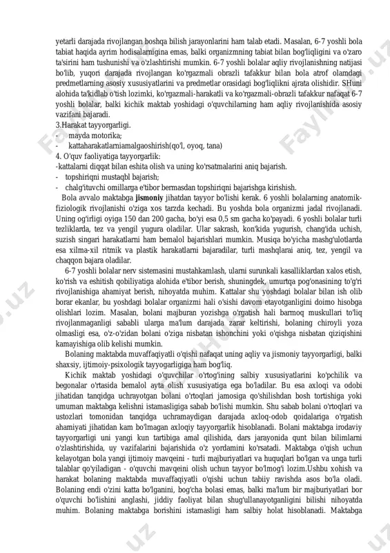 an bolalarga bilish, o'rganish motivlarini singdirilishi maktabda muvafaqqiyatli o'qish omili bo'lib xizmat qila oladi. "men otamga o'xshagan bo'lishim uchun o'qishim kerak", "yozishni juda yaxshi ko'raman", "o'qishni o'rganaman", "maktabda qiyin misollarni yechishni o'rganaman"-bunday motivlar to'g'ri motivatsion tayyorgarlikka misol bo'la oladi. "o'quvchining ichki pozitsiyasi" bolaning maktab ta'limiga tayyorligi ko'rsatkichi sifatida - psixologik yangi tuzilma bo'lib, kattaroq ijtimoiy mavqeni egallash ehtiyoji, bilish ehtiyojining o'zgarishida namoyon bo'ladi. ixtiyoriy sohaning rivojlanishi: ixtiyoriy diqqat, ijtiyoriy xotira, namuna bo'yicha, qoida bo'yicha harakat qilish. 2.1ntellektual tayyorgarlik. -tevarak-atrofda mo'ljal ola bilish, bilimlar zaxirasining mavjudligi; -idrok va ko'rgazmali-obrazli tafakkurning ma'lum darajada rivojlanganligi. -umumlashtirish darajasi - narsa va hodisalarni farqlash va umumlashtira olish ko'nikmasi. -nutqining ma'lum darajada rivojlanganligi; ko'pincha aqliy tayyorgarlik deyilganda bolaning dunyoqarashi, jonli tabiat, insonlar va ularning mehnatlari haqidagi bilimlari tushuniladi. ushbu bilimlar maktab beradigan ta'limga asos bo'lishi mumkin, lekin so'z boyligi, ma'lum xatti-harakatlarni bajara olish layoqati bolaning maktabga aqliy tayyorgarligining asosiy ko'rsatkichi bo'la olmaydi. maktab dasturi bolalardan taqqoslay …