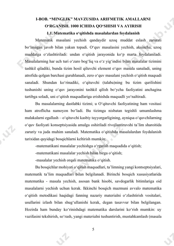 ni o‘zlariga yechish uchun beradi; · boshlab qo‘ygan masalani o‘quvchi yechib tugatishni tavsiya etadi; · murakkabroq masalalarni yechishni o‘quvchilarga tavsiya etadi; · masalaning yechilish bosqichlarini tushuntiradi, yordamchi savollar beradi, muammolar qo‘yadi, masalani qismlarga bo‘ladi va hokazo. bundan tashqari masalani yechish jarayonida eng qulay usullardan foydalanish maqsadga muvofiq bo‘ladi. mashxur s.i.shoxorning fikricha, masalalar o‘quvchilarni ma’lum yo‘nalishda tarbiyalash vositasi emas, balki o‘qitishning chiqish nuqtasi bo‘lib xizmat qilishi kerak. o‘tgan asrda moskvada bo‘lib o‘tgan matematiklar xalqaro kongressi hujjatlarida ta’kidlanadiki, masala yechish – nafaqat matematik faoliyatni rivojlantirish uchun, balki matematika bilim, malaka va ko‘nikmalari hamda ilovalari (qo‘llanishi)ni o‘zlashtirish uchun ham samarali natija beradi. matematika o‘qitishda masalalardan foydalanishga bu kabi nuqtai nazar o‘qitish jarayoni, tushunchalarni shakllantirish, o‘quv faoliyatini tadqiq qilish natijalari bilan belgilangan. masalalar – o‘quvchilarning ijodiy faoliyati keng tafakkurini rivojlantirishning asosiy vositasi, masala yechish jarayonida nafaqat fikrlashning mantiqiy, evristik, algoritmik tarkibiy qismlari, balki o‘quvchining ko‘plab ma’naviy sifatlari ham shakllanadi. shuning uchun o‘quvchi masalani yechish …