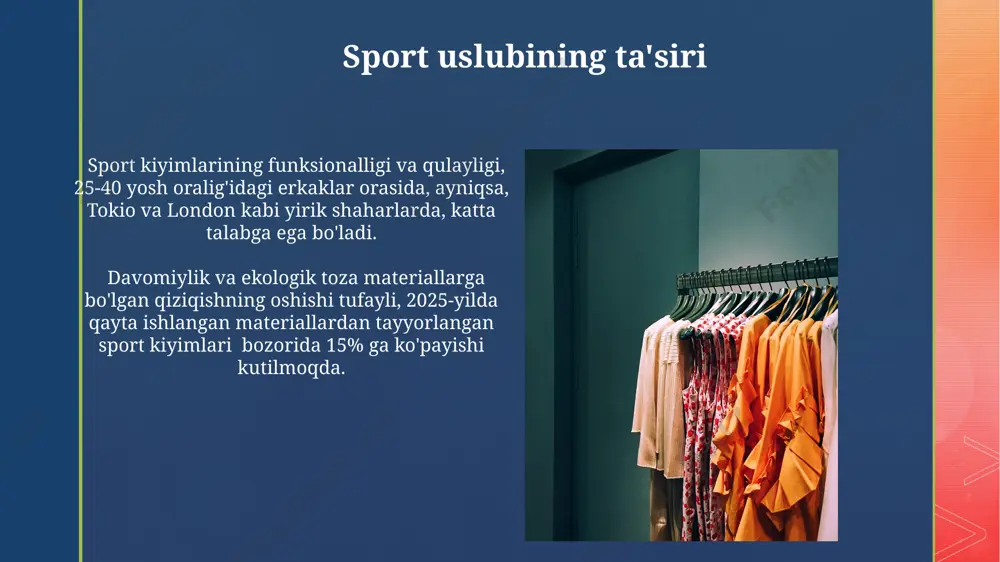lga oshirish hisobiga, kiyim-kechak sanoatining chiqindilarini 10% ga kamaytirish maqsad qilinmoqda. 2025-yilda erkaklar modasida ekologik toza materiallar, masalan, organik paxta va qayta ishlangan poliesterning ulushi 30% ga oshishi va bu global miqyosda karbon izini 15% ga kamaytirishi kutilmoqda. e'tiboringiz uchun rahmat @taqdimot_robot image4.jpg image5.jpg image6.jpg image7.jpg image8.jpg image9.jpg image10.jpg image11.jpg image12.jpg image2.png image3.png