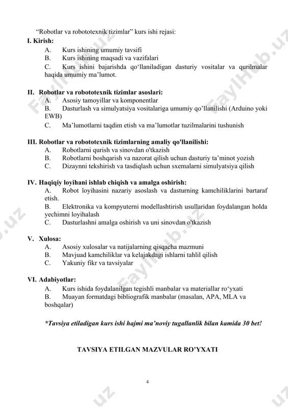 larni aniqlash tizimida qo'llash 26. mq3 alkogol sensoridan avtomatik xavfsizlik tizimlarida foydalanish 27. mq5 tabiiy gaz sensorini sanoat robototexnikasi muhitlarida gaz sizishini aniqlash uchun moslashtirish 28. puls sensoridan meditsina robotlarida bemorning holatini kuzatishda foydalanish 29. yomg'ir detektori sensorini avtomatlashtirilgan ob-havo kuzatuv robotlarida qo'llash 30. sd karta modulidan robototexnik ma'lumot saqlash va qayta ishlash tizimlarida foydalanish 31. tovush sensoridan robotlarning audio-analitik tizimlarini loyihalash 32. tcs3200 rang sensoridan sanoat robotlarida rang bo’yicha saralash tizimlarida foydalanish arduino qurilmasidan yoki virtual dasturlash vositalaridan foydalaniladigan dasturlashni qamrab oladigan kurs ishlari. (amaliy qismda arduino yoki ewb dasturida dastur yaratiladi) 1. tugmalar yordamida boshqariladigan led yorug'lik 2. svetofor tizimini simulyatsiya qilish 3. 7-segmentli displey yordamida raqamli soat 4. termistor va pwm yordamida haroratni nazorat qilish 5. yorug'lik sensori boshqariladigan ledning xiralashishi 6. analog sensor ma'lumotlarining chiziqli diagrammasi 7. joystick tomonidan boshqariladigan servo motor 8. ovoz bilan boshqariladigan led yoritgich 9. yomg'ir sensori avtomatik sug'orish tizimini ishga tushirdi …