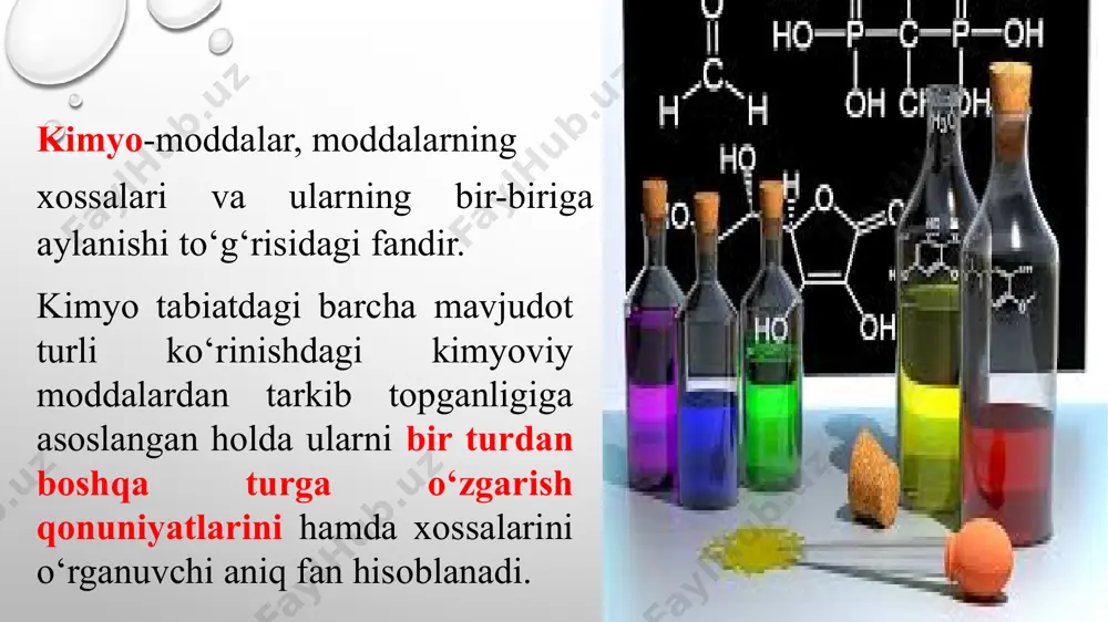 astaliklarni davolashda foydalanish yo‘llari haqida dastlabki qimmatli ma’lumotlarni keltirganlar. abu ali ibn sino dorivor moddalarni ma’lum tarkibda bo‘lishini ta’riflash orqali tarkibning doimiylik qonuniga, ularni sodda va murakkab dorilarga toifalash orqali atom-molekulyar ta’limotning dastlabki tushunchalarini shakllanishiga asos solganligi yurtimizda kimyoviy bilimlar bilan shug‘ullanish tarixi chuqur ildizlarga ega ekanligidan dalolat beradi. o‘rta asrlarga kelib, yevropadagi rivojlanish kimyo sohasida ham o‘z aksini topdi. xvii asrda nemis olimi g.shtal flogiston nazariyasini, xviii asrda rus olimi m.lomonosov moddalar haqidagi element va korpuskulalar to‘g‘risidagi fikrlarini bayon qilish orqali, atom-molekulyar ta’limot to‘g‘risidagi tushunchalarni rivojlantirdi. fransuz olimi a.lavuze yonish va oksidlanish jarayonlari haqida ilmiy nazariyalarni yaratgan. ingliz olimi j.dalton o‘z tajribalariga asoslanib, atomistik nazariya asoslarini bayon etgan bo‘lsa, 1869-yilda rus olimi d.mendeleyev tomonidan o‘sha davrgacha ma’lum bo‘lgan kimyoviy elementlarni sinflash muvaffaqiyatli amalga oshirilib, elementlar davriy jadvali yaratildi. shu davrda rus olimi a.butlerov organik moddalarning tuzilish nazariyasi asoslarini bayon etdi. kimyo fani rivojiga g.devi, n.bor, m.svet, franklend, a.kekule, markovnikov, …