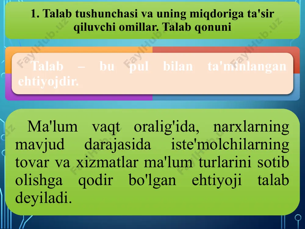 an katta (et, etf>1). bunday talab yoki taklif «egiluvchan» yoki «nisbatan egiluvchan» deb ataladi. 2) talab yoki taklif egiluvchanligi koeffitsienti 1 ga teng (et, etf=1). bunday talab yoki taklif «birga teng egiluvchan» deb ataladi. 3) talab yoki taklif egiluvchanligi koeffitsienti 1 dan kichik (et, etf<1). bunday talab yoki taklif «noegiluvchan» yoki «nisbatan noegiluvchan» deb ataladi. 1. iqtisodiy muvozanat, uni ta’minlash shart- sharoitlari va aniqlash usullari iqtisodiy muvozanat bir-biri bilan o‘zaro bog‘liqlikda va ta’sirda amal qiladigan iqtisodiy jarayonlar, hodisalarning ikki yoki bir necha tomonining bir-biriga teng kelgan holati ishlab chiqarish iste’mol talab taklif byudjet daromadlari byudjet xarajatlari yalpi talab yalpi taklif xususiy muvozanat – bu iqtisodiyotning ayrim bo‘laklarida, soha va yo‘nalishlarida ikkita o‘zaro bog‘liq bo‘lgan iqtisodiy ko‘rsatkichlar yoki tomonlarining miqdoran teng kelishi. umumiqtisodiy muvozanat jamiyat a’zolari barcha talablari va milliy ishlab chiqarish hajmining o‘zaro teng kelishini bildiradi. umumiy iqtisodiy muvozanat bir qator shart-sharoitlarni taqozo etadi. birinchidan bu ijtimoiy maqsadlar va iqtisodiy …