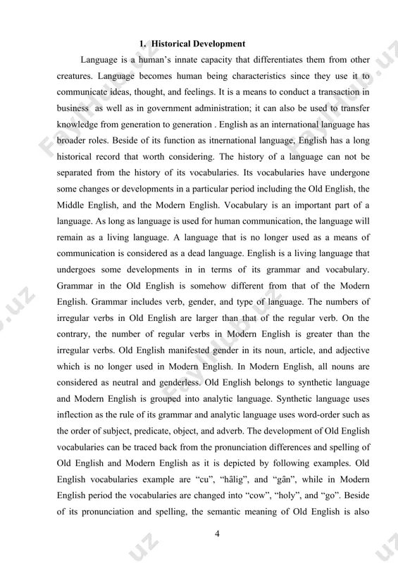 nd type of language. the numbers of irregular verbs in old english are larger than that of the regular verb. on the contrary, the number of regular verbs in modern english is greater than the irregular verbs. old english manifested gender in its noun, article, and adjective which is no longer used in modern english. in modern english, all nouns are considered as neutral and genderless. old english belongs to synthetic language and modern english is grouped into analytic language. synthetic language uses inflection as the rule of its grammar and analytic language uses word-order such as the order of subject, predicate, object, and adverb. the development of old english vocabularies can be traced back from the pronunciation differences and spelling of old english and modern english as it is depicted by following examples. old english vocabularies example are “cu”, “hȃlig”, and “gȃn”, while in modern english period the vocabularies …