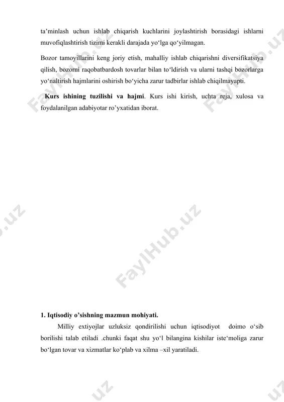 sishini hisoblash orqali(yoki sof milliy mahsulotni); 2. yuqorida hisoblangan ko‘rsatkichlarni aholi jon boshiga taqsimlash orqali hisoblanadi deydilar. boshqa iqtisodchilar esa, iqtisodiy o‘sish bu- ishlab chiqarish omillari va mahsulotni miqdoriy o‘sishgina emas balki sifat jihatini ham o‘z ichiga oladi- deydilar. iqtisodiy o‘sishni 3 xil ko‘rinishi farqlanadi: ekstensiv, intensiv va aralash(haqiqiy). 1.ekstensiv o‘sish- bu milliy mahsulotni qo‘shimcha ishlab chiqarish omillarni ta‘sir ettirish yordamida o‘stirishdir. 2.intensiv o‘sish- bu milliymahsulotni texnika, texnologiyalarni takomillashtirish natijasida o‘sishini ta‘minlashdir. хaqiqiy hayotda u yoki bu tipdagi o‘sishlar alohida holda bo‘lmay, balki bir biriga chambarchas boglanganlar. 3. aralash(haqiqiy) o‘sish- bu ishlab chiqarish quvvatlarini foydalanilayotgan ishlab chiqarish omillarini miqdory hajmini o‘sishi hamda texnika, texnologiyalarni takomillashtirish natijasidagi o‘sishidir. iqtisodiy o‘sish- bu iqtisodiy rivojlanishi tashkil etuvchisidir. u yammni miqdoriy tomonidan o‘sishidir. makrodarajada yamm ni o‘sish sur‘ati, aholi jon boshiga yamm ni taqsimotini yillik o‘sish sur‘ati, yamm ni yillik o‘sishini keltirish mumkin. yammning yillik o‘sish surati =(yamm2- yamm1)*100; yammni aholi jon boshiga taqsimotini …