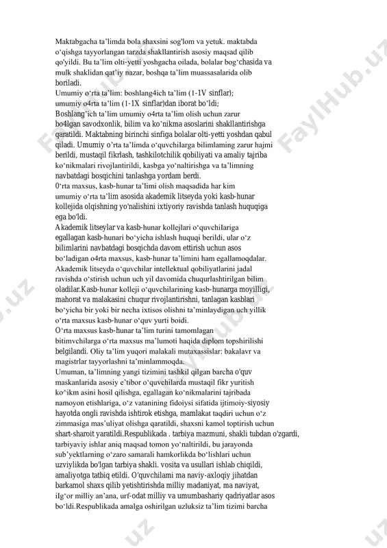 tiyoriyligi; 6. ta’lim tizimini dunyoviy xarakterda ekanligi; 7. davlat ta’lim standartlari doirasida bilim olishning hamma uchun ochiqligi; 8. ta’lim dasturlarini tanlashda yagona va tabaqalashtirilgan yondoshuvning joriy etilganligi; 9. iqtidorli o‘quvchilami rag‘batlantirish, ularni ochib berish uchun barcha shart-sharoitlami yaratish; 10. ta’lim tizimida davlat va jamoani uyg‘unlashtirish. “agar о quvchi erkin fikrlashni о ‘rganmasa, berilgan ta lim samarasi past bo(lishi muqarrar. albatta, bilim kerak. aqliy bilim о z yo ‘liga. mustaqil fikrlash ham katta bovlikdir”. i.karimov 2020 yil 23 sentabrda qabul qilingan ta’lim to’g'risida qonun bo‘yicha ta’lim sohasidagi asosiy printsiplar t a’lim sohasidagi asosiy printsiplar ta’lim sohasidagi asosiy printsiplar quyidagilardan iborat: ta’lim ustuvorligining tan olinishi; ta5lim olish shaklini tanlash erkinligi; ta’lim sohasida kamsitishlarga yo‘l qo'yilmasligi; ta’lim olishga doir teng imkoniyatlaming ta’minlanishi; ta’lim va tarbiyaga milliy hamda umuminsoniy qadriyatlaming singdirilganligi; ta’lim va tarbiyaning insonparvarlik, demokratik xususiyati; ta’limning uzluksizligi va izchilligi; o4n bir yillik ta’limning hamda olti yoshdan yetti yoshgacha bo4lgan bolalami bir yil …