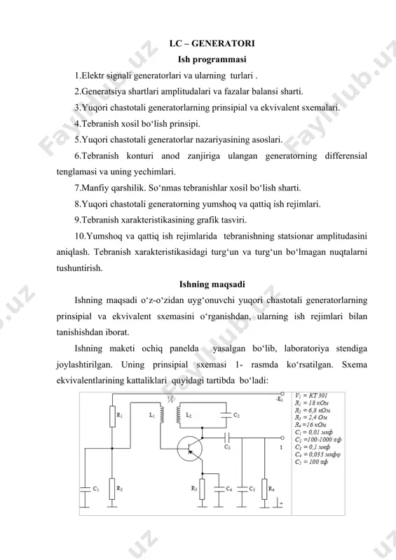 o‘lchash natijalari 2- jadvalga joylashtirilsin. f f1 f2 f3 … uбирлик u тескари k β 7. 2- jadval natijalari asosida musbat teskari bog‘lanishli kuchaytirgichning chastotaviy xarakteristikasi chizilsin va u tushuntirilsin. iii – mashq. generatorning yumshoq ish rejimini o‘rganish 1. tranzistorning statistik xarakteristikasidan uning to‘g‘ri chiziqli qismi aniqlansin. 2. manbadan tranzistor bazasiga xarakteristika to‘g‘ri chiziqli qismining o‘rtasiga to‘g‘ri keladigan siljitish kuchlanishi berilsin. 3. induktiv g‘altaklar orasidagi masofani o‘zgartirib, ularning bog‘lanishi o‘zgartirilsin va tebranishning hosil bo‘lish va uzilish nuqtasi aniqlansin. o‘lchash natijalari 3- jadvalga joylashtirilsin. 3- jadval (мм) м (гц ) uчиқиш (в) 4. darajalash chizig‘idan o‘zaro induksiya koeffitsiyenti м topilsin. u чиқиш = f (м) bog‘lanish grafigi chizilsin. iv –mashq generatorning qattiq ish rejimini o‘rganish 1. statistik xarakteristikadan foydalanib tranzistor bazasiga yopilish potensialiga teng kuchlanish berilsin. 2. induktivlik g‘altaklari orasidagi masofani o‘zgartirib, ularning bog‘lanishi boshqarilsin va tebranishning paydo bo‘lish va uzilish nuqtalari aniqlansin. o‘lchash natijalari 4- jadvalga joylashtirilsin. 4- jadval (мм) …