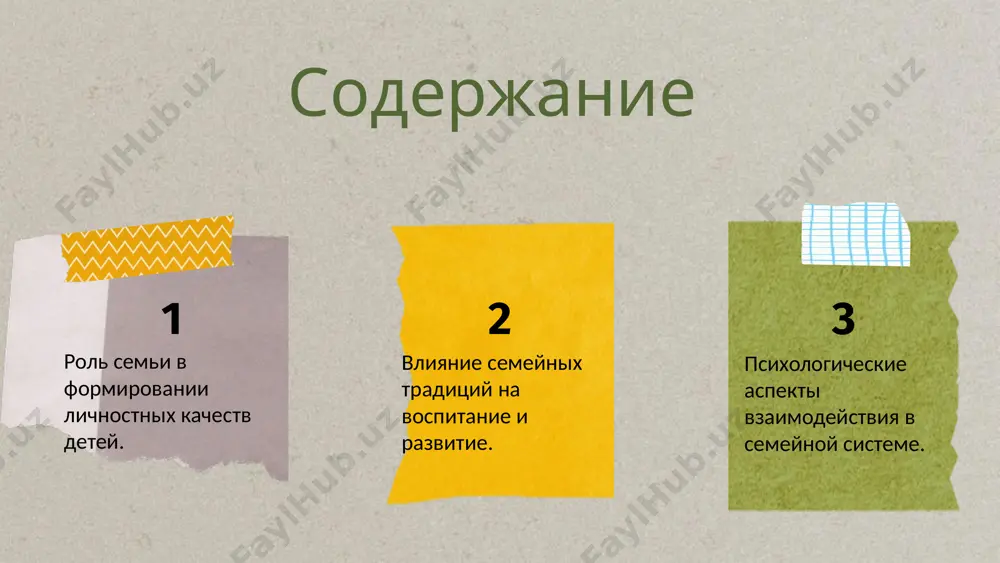 новным примером для детей, формируя их ценности и поведение. наставник родители помогают развивать навыки и знания, поддерживая детей в обучении и росте. друг как друзья, родители создают атмосферу доверия, позволяя детям открываться и делиться. положительные качества поддержка родителей формирует доброту, ответственность и уверенность у детей. отрицательные качества недостаток внимания может привести к низкой самооценке и агрессии у детей. заключение роли родителей важны для формирования качеств детей, что требует осознанного подхода. семейные традиции и ценности семейные традиции и ценности играют ключевую роль в воспитании детей, формируя их личностные качества и мировосприятие. они служат основой для передачи моральных норм и этических принципов, а также способствуют укреплению эмоциональной связи между членами семьи. значение традиций традиции помогают создать устойчивую среду, в которой дети могут развиваться и чувствовать себя защищёнными. они обеспечивают чувство принадлежности и идентичности, что крайне важно для формирования уверенности в себе. примеры успешных практик совместные семейные ужины и праздники создают возможности для …