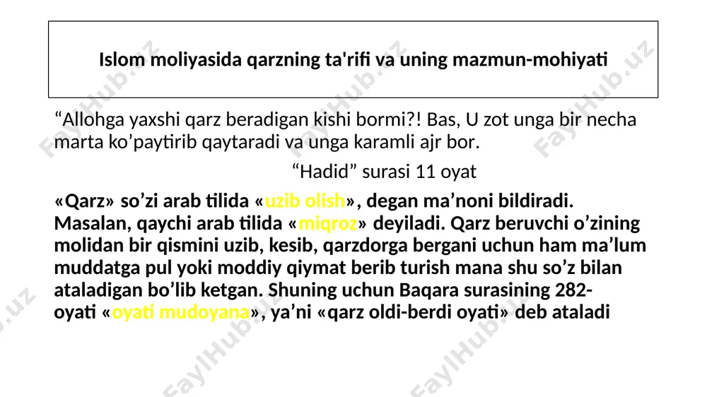 niyat qilib olsa, alloh uni yo’q qiladi dedilar”. abu hurayra (r.a.)dan “nabiy (s.a.v.) boyning (zimmasidagi haqni) bermay yurishi zulmdir” dedilar abu muso (r.a.)dan rivoyat qilinadi: “nabiy (s.a.v): “allohning nazdida alloh nahiy qilgan kabira gunohlardan keyingi eng og’ir gunoh bir kishining qarzini uzishga narsa qoldirmay o’lib, u zotga ro’baro bo’lishidir” dedilar nasaiy qilgan rivoyatda “mening jonim qo’lida bo’lgan zot ila qasamki, agar bir kishi allohning yo’lida qatl qilinsa, so’ng tiriltirilsa, yana qatl qilinsa va tiriltirilsa, so’ng yana qatl qilinsayu, uning zimmasidagi qarzi bo’lsa, qarzi ado etilmaguncha jannatga kirmas” deyilgan, jobir (r.a.)dan rivoyat qilinadi: “rasululloh (s.a.v.) zimmasida qarzi bo’la turib, o’lgan odamga janoza namozi o’qimas edilar. bir mayyitni olib kelindi. bas, u zot: “uning zimmasida qarzi bormi?” dedilar. “ha, ikki dinor” deyishdi. “sohibingizga o’zingiz janoza o’qing” dedilar. “o’sha ikkovi mening zimmamga, ey allohning rasuli”, dedi abu qatoda. shunda payg’ambarimiz (s.a.v.) u (mayyit)ga janoza o’qidilar. alloh o’z rasuliga fath ato qilganidan so’ng: “men …