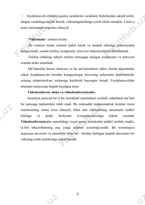eniye va radioni misol kilib olishimiz mumkin. bu kurilmalarda axborotlarni saklashda va uzatishda ma’lum bir kurinishidagi signallar yordamida amalga oshiriladi. bu signallar uzluksiz va diskret signallarga bulinadi. radio va televideniyedagi, xamda gramyozuvdagi, magnitafon yozuvidagi kullaniladigan signallarning grafik kurinishi uzluksiz kiyshik chizik xolatida uzgaruvchan shaklda bulib, bunday signallarni uzluksiz yoki anolog signallar deyiladi. bunga karama-karshi telegraf va va xisoblash texnikasidagi signallar impuls shaklida buladi va bunday signallarni diskret yoki rakamli signal deyiladi. biz xar bir texnikalaridan, ularda kanday signal kullanishidan kat’iy nazar imkoniyat darajasida foydalanishni istaymiz. informatika soxasida ishlayotgan xodimlar xech bulmaganda axborot vositalarida bir turdagi signalni kullanilishini istaydilar. shuning uchun sifatli bir shakldagi, uzluksiz yoki diskret signal kurilmalarini tanlash va yaratish muammosi payda buldi. uzluksiz va diskret signallarni uzaro takkoslash uchun ularning kuyidagi aloxida axamiyatli farklari: uzluksiz signal katta uzgaruvchan kiymatlar tumlamidan iborat bulsa, diskret signallar esa ikkita kiymatga ega bulib "0" va "1" sonlari orkali ifodalanadi. bundan kurinib turibdiki …