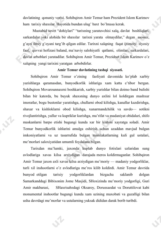 katlarning kuli gul ustalari, me’morlari saloxiyatidan umumli foydalana bilgan. tarixdan ma’lumki, jaxonda kuplab dunyo fotixlari uzlaridan sung avlodlariga xavas kilsa arziydigan darajada meros koldirmaganlar. sohibqiron amir temur jaxon axli xavas kilsa arziydigan me’moriy — madaniy yodgorliklar, turli xil inshootlarni o’z avlodlariga me’ros kilib koldirdi. amir temur davrida bunyod etilgan tarixiy yodgorliklardan bizgacha saklanib dolgan samarkanddagi bibixonim jome masjidi, shoxizinda me’moriy yodgorligi, guri amir makbarasi, shaxrisabzdagi oksaroy, dorussaodat va doruttilovat kabi monumental inshootlar bugungi kunda xam uzining maxobati va guzalligi bilan usha davrdagi me’morlar va ustalarning yuksak dididan darak berib turibdi. amir temur nafakat movarounnaxrda balki undan tashkarida xam bunyodkorlik faoliyatini olib borgan. bu tutrisida tarixiy manbalar va adabiyotlarda kuplab ma’lumotlar keltirilgan. amir temur 1393 yilda ozorbayjonga yurish kilib, sultoniya va tabrizni egallaydi. kuzda temur naxichevon va kare, gruziyani zabt etib, korabokka kishlash uchun keladi. amir temur bu yerda derbent ximoya inshootlarini ta’mirlatadi va uni mustaxkamlaydi. ma’lumki, 1399 yil amir temur …