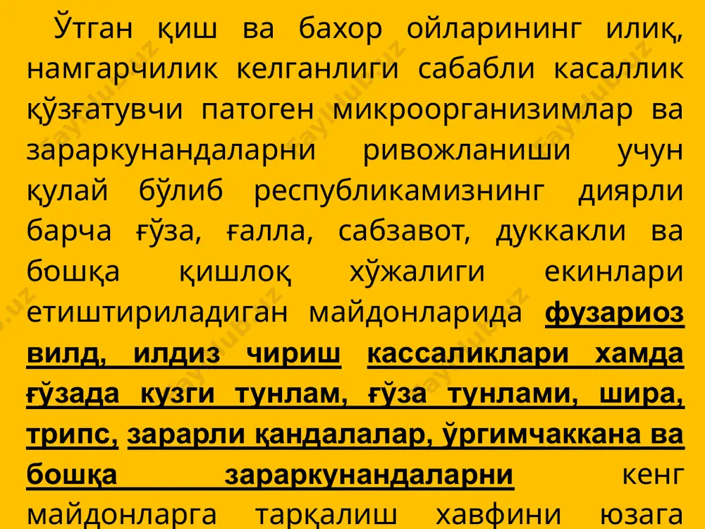 ромайт каби препаратларнинг бирортаси билан гектарига 1,5 литр ва ғўзани кимёвий дорилардан стрессга тушишини олдини олиш хамда ривожини тезлаштириш учун гектарига 1 литр биогуттен қўшиб сепиш тавсия этилади. ғўза қандаласига қарши таркиби циперметрин+ хлорпирифос асосли нурелл-д, нурелл стар, агрофос-д препаратлари гектарига 1,5 литр, диметоат асосли би-58 янги, данадим эксперт, голд би- 58 препаратларининг бирортаси билан гектарига 2,0-2,5 литр қўллаш яхши самара беради. ғўза тунламига қарши кураш усуллари, муддати ва меъёрларини тўғри белгилаш мақсадида феромон тутқичлардан тўғри фойдаланиш лозим. бунда ҳар 2 гектар майдонга бир дона феромон тутқич ўрнатилиб, бир кечада ҳар бир тутқичга ўртача 2-3 та капалак туша бошласа 3 кундан сўнг трихограммани 3-4 кун оралатиб 3 марта гектарига бир граммдан 5х5 схемада тарқатиш, ўрта ва катта ёшдаги қуртларга қарши бракон энтомофагини 1:10; 1:5 нисбатларда 5 кун оралатиб 3 марта чиқариш тавсия этилади. ҳар 100 туп ўсимликда 5-6 та ёш қурт ва тухум мавжуд бўлса кимёвий усулда таркиби индоксакарб асосли …