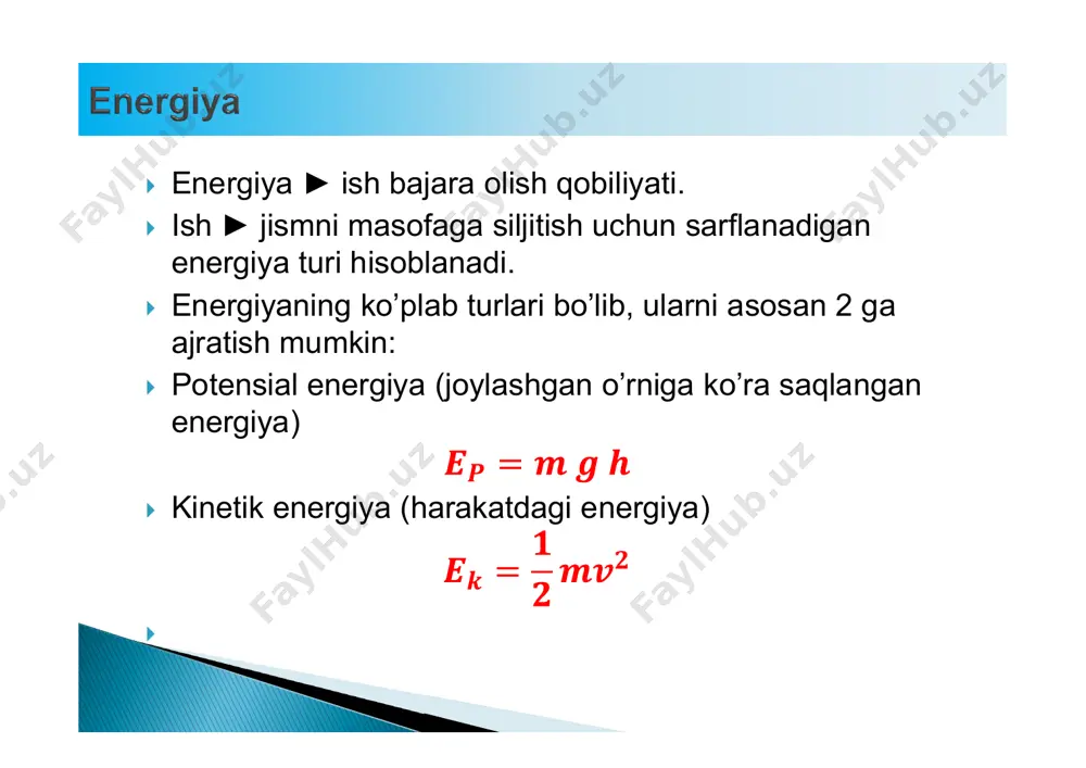 qattiq va shaffof material hisoblanadi. grafit (394 kj/mol) va olmosning (396 kj/mol) yonish entalpiyalari asosida grafitdan olmos hosil bo’lish reaksiyasining entalpiyasini hisoblang: c(grafit) → c(olmos)  yechish:  nostandart haroratda entalpiya o’zgarishi kirxgoff tenglamasi bilan hisoblanadi:  o’zgarmas bosimdagi issiqlik sig’imlari orasidagi farq quyidagicha hisoblanadi:  masala:  n2(g) + 3h2(g) → 2nh3(g) reaksiyaning standart entalpiyasi 298k da - 92.22 kj/mol ga teng. sanoatda sintez jarayoni 450ºc da amalga oshadi. shu haroratda reaksiya entalpiyasini hisoblang.  yechish: 3 9  slayd oxiri.