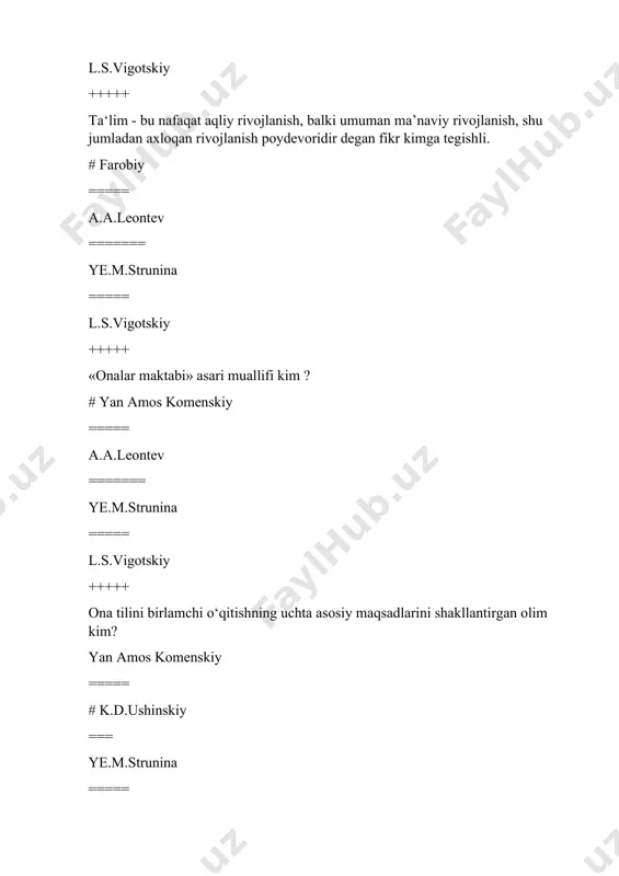 dan boshlanadi? a. 3-4 yoshdan. ===== # 4-5 yoshdan. ==== 2-3 yoshdan. ==== 5-6 yoshdan. ++++++ 0 ‘zlashtirilgan til materialini mustahkamlashda bolalarga ijobiy mashq sifatida xizmat qiladi. bolalar ataylab o‘z oldiga muayyan hayotiy vaziyatlarda kattalardan eshitgan nutqini yoki ertak qahramoni nutqini aniq berishni maqsad qilib qo‘yudilar. bu qanday o‘yin turiga kiradi? rolli о‘yin. ===== «rejissyorlik» o‘yin. ====== sahnalashtirish o‘yin. ===== # syujetli o‘yin. +++++ necha yoshidan boshlab bolalarga hikoya qilishda tarbiyachi hikoyani yo‘naltiruvchi savollar, ba’zida esa aytib turuvchi savollar bilan osonlashtirgani holda to‘g‘ridanto‘g‘ri savollar bilan yordam berib turiladi? # to‘rt yoshdan. ==== besh yoshdan. ==== uch yoshdan. ==== olti yoshdan +++++ qayta hikoya qilishga ta’rif qaysi qatorda to‘g‘ri berilgan? nutqning tovush madaniyatini tarbiyalash ham til voqeligini eng oddiy tarzda anglashni shakllantirish bilan o‘zaro bogiiqdir. ==== maktabgacha davrdagi katta yoshda nutqning grammatik jihatdan to‘g‘riligini shakllantirish nutqqa nisbatan tanqidiy munosabatning paydo bo‘lganligi. ==== lug‘atni rivojlantirishda uning sifat jihatidan takomillashtirilishi oldingi o‘ringa chiqadi. …