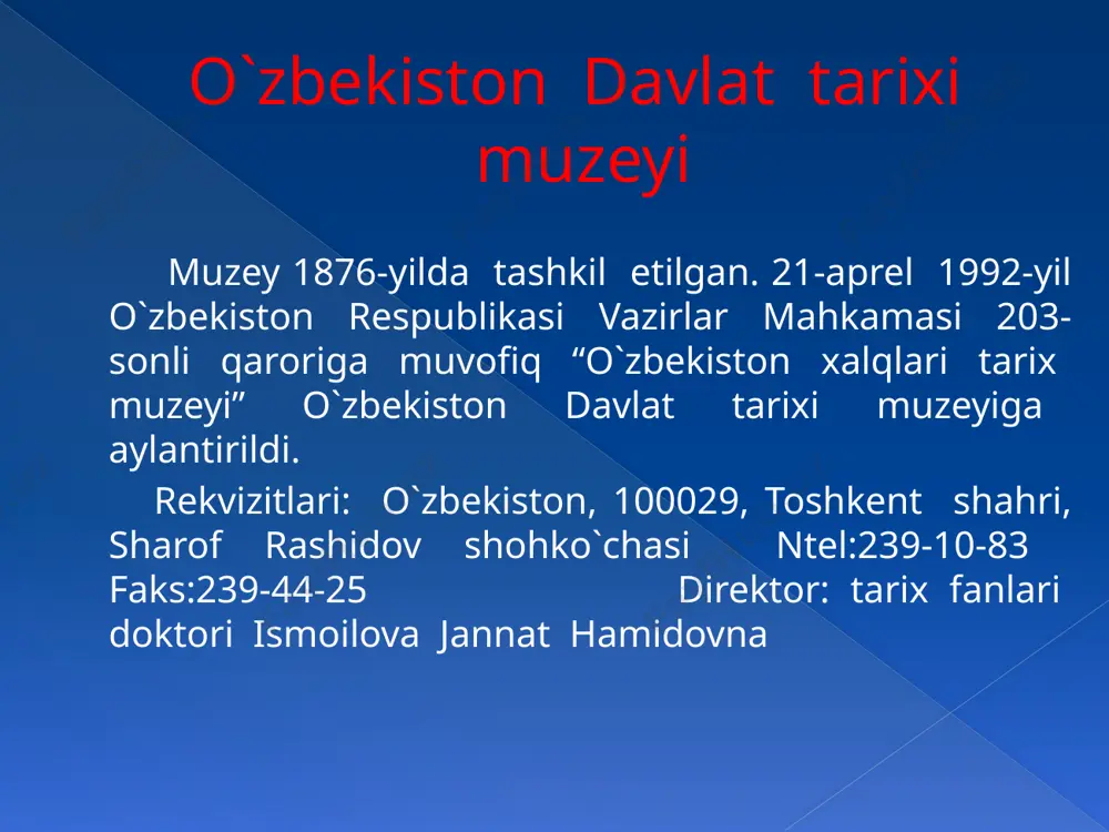 i muzeyi (rashidov ko`chasi, 4 a uy)- o`zbekistonda olimpiada harakati va sport yutuqlarini targ`ib qiluvchi markaz. osiyo qit’asida birinchi tashkil qilingan olimpiya muzeyi. ochilishi-da xalqaro olimpiyada qo`mitasining o`sha davrdagi prezidenti x.a.samaranch ishtirok etgan. e’tiboringiz uchun rahmat! image4.jpeg image5.jpeg image6.jpeg image7.jpeg image1.jpeg