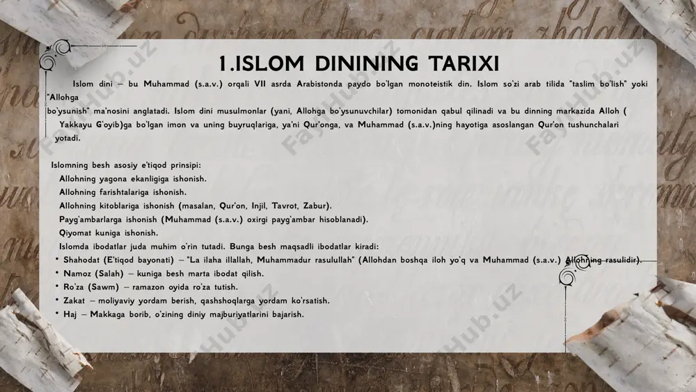 ad (s.a.v.)ning so‘zlari, amallari va tasdiqlari bo‘lib, ular qur'onni tushunishda va islomni to‘g‘ri qo‘llashda yordam beradi. iymon (e'tiqod)iymon (e'tiqod) islomda e'tiqod (iymon) juda muhim rol o‘ynaydi. musulmonlar o‘z e'tiqodini besh asosiy prinsipga asoslaydilar. bu prinsiplar quyidagilardan iborat: allohga ishonish — allohning yagona ekanligiga va uning qudratiga ishonish. farishtalarga ishonish — farishtalar allohning xabarlarini olib keluvchi va uning buyruqlarini bajargan mavjudotlardir. qur'on va boshqa kitoblarga ishonish — qur'onni allohning so‘zi deb qabul qilish va avvalgi kitoblarga (injil, tavrot, zabur) ham ishonish. payg‘ambarlar va rasullarga ishonish — muhammad (s.a.v.)ni oxirgi payg‘ambar deb tan olish va avvalgi payg‘ambarlarni hurmat qilish (ibrohim, musa, iso). qiyomat kuniga ishonish — qiyomat kunida barcha amallar baholanadi, yaxshi amal qilganlar jannatga, yomon amal qilganlar esa jahannamga tushadi. islom dinining ta'limoti — bu allohning ko‘rsatmalariga asoslangan, jamiyatda adolat, axloqiy fazilatlar va ijtimoiy barqarorlikni ta'minlovchi ko‘rsatmalar to‘plamidir. islomda e'tiqodlar, ibodatlar, axloqiy normalar va jamiyatda o‘zaro hurmatga katta ahamiyat beriladi. musulmonlar …