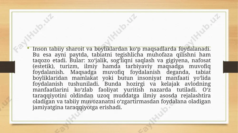 ,5 ming km3 suv sarflanadi. qurg'oqchil zonalarda daryolar suvidan to’liq foydalanilgan xolda ularning suvi etmay qolmoqda. atmosfera atmosfera (yunoncha atmos– bugʻ va sfera) – yer sharini oʻrab olgan va u bilan birga aylanadigan havo qobigʻi. atmosfera massasi 5,15-yu15 t boʻlib, yer shari ogʻirligi (5,977-1021 t)ning taxminan. milliondan bir boʻlagiga teng. balandlikka koʻtarilgan sari atmosfera bosimi va zichligi kamayib boradi. atmosferaning qalinligi bir necha oʻn ming km boʻlishiga qaramay, uning asosiy massasi yer sirtiga yondashgan yupqa qatlamda joylashgan. atmosfera butun masalan-sasining taxminan. 50 % yer sirtidan 5 km balandlikkacha boʻlgan qatlamda, qolgan 50 % esa 30 – 35 km balandlikkacha boʻlgan qatlamda toʻplangan. yer sirtida atmosferaning zichligi yu-3 g/sm³ boʻlsa, taxminan. 700 km balandlikda 10-16 g/sm³. atmosfera yuqori qatlamlarining zichligi sayyoralararo muhitdagi gazlarning zichligiga tenglashadi. shuning uchun atmosferaning keskin chegarasi boʻlmaydi, asta-sekin sayyoralararo fazoga oʻtadi atmosferaning yuqori qatlamlari quyoshdan chiqadigan radiasiya energiyasi taʼsirida issikdik olganligi uchun u qatlamlarning zichligi vaqtga, geografik …