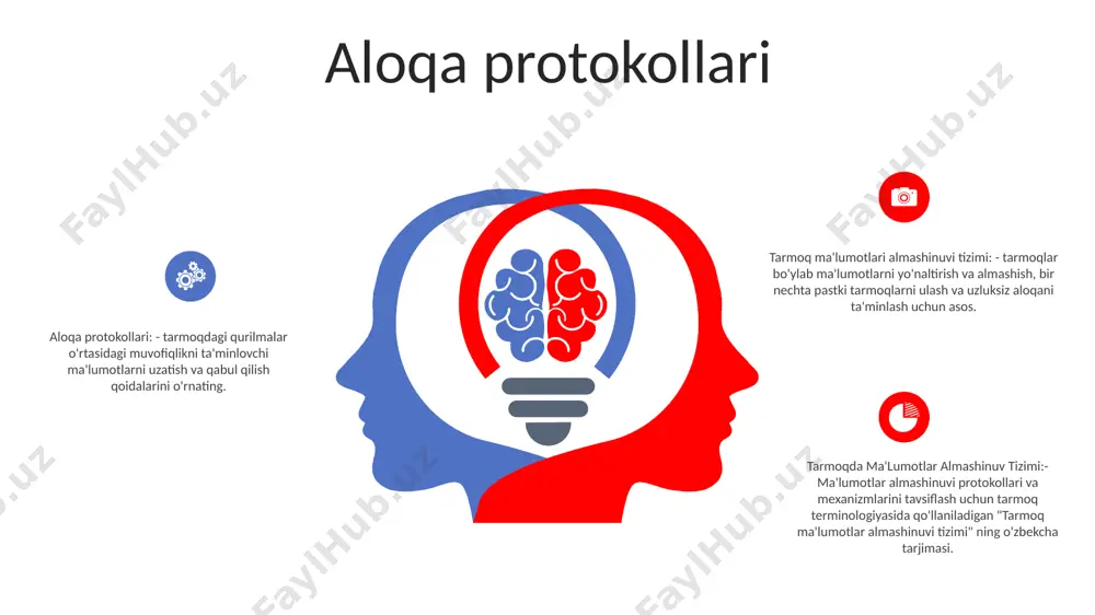 yoki antivirus aralashuvi: xavfsizlik devori yoki antivirus dasturi resurslarga kirishni bloklamayotganligini tekshiring. kerakli qurilmalar bilan aloqa o'rnatish uchun sozlamalarni tekshiring va istisnolarni sozlang. protokollarni tahlil qilish tcp (transmission control protocol): ma'lumotlarning to'g'ri tartibda va xatosiz yetkazilishini ta'minlaydigan ishonchli, ulanishga yo'naltirilgan protokol. bu elektron pochta, fayl uzatish va veb-sahifalarni ko'rish kabi ko'plab internet ilovalari uchun asosdir. http (hypertext transfer protocol): internet orqali veb-sahifalar va boshqa resurslarni uzatish uchun ishlatiladigan protokol. u veb-serverlar va mijozlar o'rtasida ma'lumotlarni formatlash va almashishni belgilaydi. dns (domain name system): domen nomlarini (masalan, google.com) ip manzillarga tarjima qiladigan ierarxik tizim. u foydalanuvchilarga murakkab ip manzillar o‘rniga eslab qolish oson domen nomlarini kiritish orqali veb-saytlar va onlayn xizmatlarga kirish imkonini beradi. bulutli hisoblash contents title bulutli tarmoq: internet orqali qurilmalar, ilovalar va xizmatlarni uzluksiz ulash, masofadan kirish va hamkorlikni ta'minlash. bulutli hisoblashning afzalliklari: kengaytirilgan ma'lumotlarni saqlash, falokatlarni tiklash va iqtisodiy samaradorlik. tarmoqdagi ma'lumotlar almashinuvi tizimi: tarmoq bo'ylab turli …