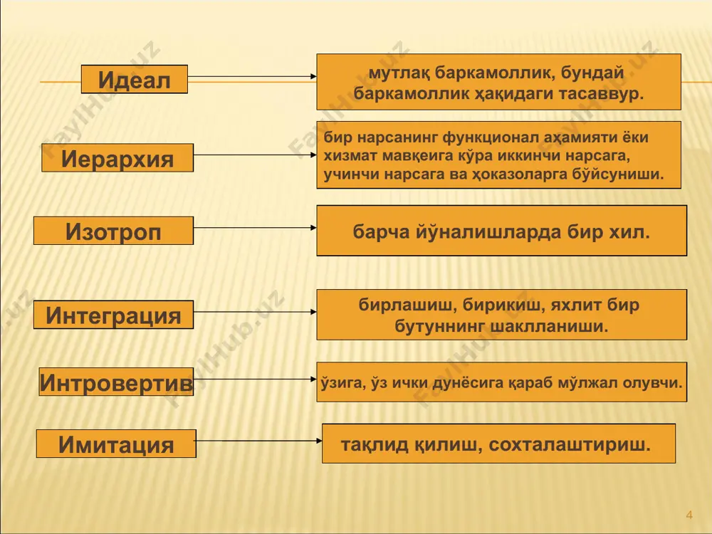 тувчи фалсафий ёндашув. технопессимизм – фан-техника тараққиётини жамият ва табиат таназзулининг манбаи ва омили деб эълон қилувчи фалсафий ёндашув. технотрон жамият – компьютер инқилоби босқичига кирган жамият. трансцендентал – ўта умумий. 13 универсум – ягона олам, яхлит дунё. фауна – барча турдаги ҳайвонлар мажмуи. феномен – инсонга ҳиссий билиш тажрибасида берилган ҳодиса. феноменология – бевосита кузатиш мумкин бўлган идеал моҳиятлар сифатидаги феноменлар ҳақидаги фалсафий таълимот. флора – ўсимликлар дунёси. флуктуация – ўзгариш, белгиланган параметрлардан тасодифий оғиш. футурология – келажак ҳақидаги фан. 14 эволюцион эпистемология – билишни жонли табиат эволюция- сининг моменти ва унинг маҳсули сифатида ўрганувчи фан. эвристик – ижодий, номаълум нарсалар ва ҳодисаларни билиш- да сакрашни амалга оширувчи. эгалитаризм – умумий тенгликни тарғиб қилувчи ғоявий-сиёсий оқим. экзистенциализм – диққат марказида ҳаётнинг маъноси, инсон эркинлиги ва масъулияти муаммолари турувчи фалсафий йўналиш. экология – жонли мавжудотларнинг ўзини қуршаган муҳит билан ўзаро муносабатлари ҳақидаги фан. экологик муаммо – жонли организмларнинг атроф муҳит …