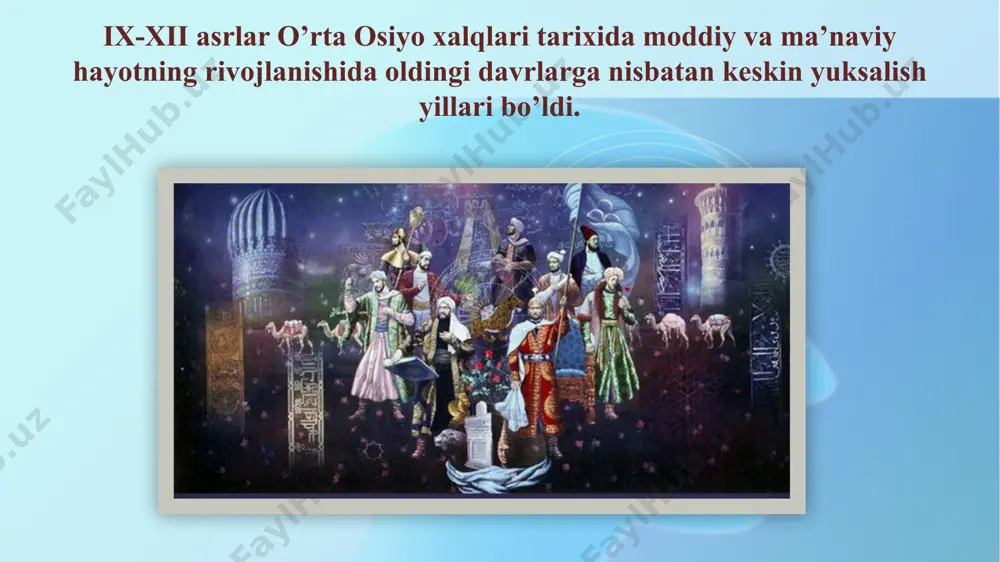 ola», «musiqa risolasi» singari ajoyib asarlari olimga katta shuxrat keltirdi, uning nomini abadiylashtirdi. al-xorazmiyning «al-jabr val muqobala» asari keyinchalik evropada «algebra» deb yuritila boshlandi. uning astronomiyaga oid asari esa faqat sharqda emas, balki g’arbda ham asronomiya fani rivojida katta rol o’ynadi. abu rayxon beruniy (973-1048) abu rayxon beruniy (973-1048 yy). xorazmda tavallud topgan bu mutafakkir, serqirra olim astronomiya, tarix, tibbiyot, riyoziyot, jug’rofiya, geodeziya, meteorologiya, etnografiya, falsafa, filologiyaga oid 150 ga yaqin asarlar yaratgan. bu asarlar beruniy nomini jahonga taratdi. shuningdek, uning xikoyalar, she’rlar bitganligi xam ma’lum. beruniy o’rta asrda birinchi bo’lib globus yaratdi. abu nasr al-forobiy (873-950) abu nasr al-forobiy (873-950 yy). o’trorda tug’ilgan, boshlangich ma’lumotni shosh, buxoro, samarqandda olgan so’ng bag’dodda uzoq yashab, zamonasining olimlari bilan ilmiy muloqotda bo’lgan. ilmning turli sohalariga oid 160 dan ortiq risolalar yozgan. musiqa nazariyasiga bag’ishlangan «musiqa xaqida katta kitob» nomli mashhur asari bu soha tarixiga bag’ishlangan eng dastlabki tarixiy manbalardan biridir. u serqirra, …