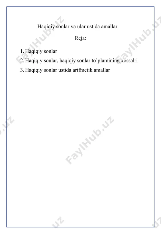 sonlar to’plamining xossalari. to’plam tushunchasi matematikaning asosiy tushunchalaridan biri bo’lib, unga ta’rif berilmaydi. misollar bilan tushuntiriladi. masalan: auditoriyadagi talabalar to’plami, unli tovushlar to’plami, natural sonlar to’plami va h.k.z. to’plamni tashkil qiluvchi ob’ektlar to’plam elementi deyiladi. to’plamlar lotin alifbosining bosh harflari bilan: a, b, c, ...; uning elementlari kichik harflari bilan: a, v, s,... belgilanadi. to’plam elementi aîa ko’rinishda yoziladi va «a element a to’plamga tegishli» deb o’qiladi. birorta ham elementi bo’lmagan to’plam bo’sh deyiladi va æ yoki {} ko’rinishda belgilanadi. masalan: x2+4=0 tenglamaning haqiqiy ildizlari to’plami, oydagi daraxtlar to’plami, dengiz tubidagi quruq toshlar to’plami bo’sh to’plamlardir. to’plam chekli sondagi elementlardan tashkil topsa, chekli to’plam deyiladi. masalan: lotin alifbosi harflari to’plami, kamalak ranglari to’plami, raqamlar to’plami chekli to’plamdir. to’plam elementlari soni cheksiz bo’lsa, bunda to’plam cheksiz to’plam deyiladi. masalan: barcha natural sonlar to’plami, tekislikdagi nuqtalar to’plami cheksizdir. bir xil elementlardan tashkil topgan to’plamlar teng to’plamlar deyiladi. masalan x2-4=0 tenglamaning yechimlari to’plami …