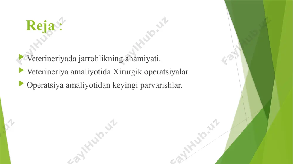 hirganhayvonlar uchun ratsionga etibor qilish judaham muhimdir. yiringli yaralarniparvarishlashda antiseptik va antibiotiklarni to‘g‘ri ishlatish muhim ahamiyatga egadirish yakunini periparatlarni qanchalik to‘g‘ri ishlatishimiz belgilab beradi. antiseptik moddalar vazifasi va ta’sir qilish spektriga qarab har xil guruhlargabo‘linadi. u lar avvalo organizmga qarshi mikroorganizmlarning o‘sishini to‘xtatishi,mahalliy mikroorganizmlarga ta ’sir qilmasligi, teri, shilliq parda va jarohat sathidanyaxshi so‘rilishi, suvda o‘rtacha yoki kam eriydigan, yog‘larda va lipidlarda esa yaxshieriydigan bo‘lishi lozim.antibiotiklar vazifasi va tasiriga qarab turli gruhlarga bo‘linadi antibiotiklarta’sirida bakteriya, zamburug‘, viruslarni yo‘q qilish va uning ta’sir kuchini kamaytirishtushuniladi. antibakterial xususiyati bo‘lgan ko‘pgina moddalarning hammasi ham klinikkimyoterapiyaning talablariga to‘g‘ri kelavermaydi. bu preparatlar tez so‘riladigan,organizmda nisbatan uzoq saqlanadigan, to‘qima va qonda yuqori konsentratsiyadatoza va zaharsiz bo‘lishi, asoratlar bermaydigan bo‘lishi zarur. operatsiyadan keyin hayvonlarningning normal tiklanishi bevosita egasiningunga qanchalik ehtiyotkorlik bilan qarashiga bog‘liq. veterinariya shifokori egasigaunga qanday g‘amxo‘rlik qilishni va nimani bilishi kerakligini batafsil ko‘rsatib beradi,ammo kasal hayvonga g‘amxo‘rlik qilishning umumiy qoidalari mavjud ushbuqoidalarga amal qilingan hollarda …