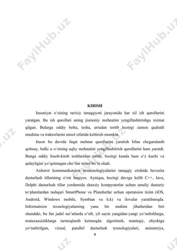 ulardan eng ko‘zga tashlanadigani xerox ning palo altoda joylashgan ilmiy-qidiruv markazida tuzilgan smalltalk dasturlash tilidir. smalltalk da hamma narsa obyektlarga asoslangan. c++ esa gibrid tildir. unda c tiliga o‘hshab strukturali dasturlash obyektlar bilan dasturlash mumkin. c++ funksiya va obyektlarning juda boy kutubhonasiga ega. ya’ni c++ dasturlash tilida dasturlashni o‘rganish ikki qismga bo‘linadi. birinchisi bu c++ tilini o‘zini o‘rganish, ikkinchisi esa c++ ning standart kutubhonasidagi tayyor obyekt va funksiyalarni qo‘llashni o‘rganishdir. c++ tiliga ko‘plab yangiliklar kiritilgan bo‘lib, tilning imkoniyati yanada kengaytirilgan. c++ dasturlash tili ham boshqa dasturlash tillari kabi o‘z alfavitiga va belgilariga ega. tillarda mavjud alfavit va leksemalarga quyidagilar kiradi: 1. katta va kichik lotin alfaviti harflari; 2. raqamlar - 0,1,2,3,4,5,6,7,8,9; 3. maxsus belgilar: " {} | [] () + - / % \ ; ‘ : ? _ ! & ~ # ^ . * alfavit belgilaridan tilning leksemalari shakllantiriladi: – identifikatorlar; – kalit (xizmatchi yoki zahiralangan) so‘zlar; – …