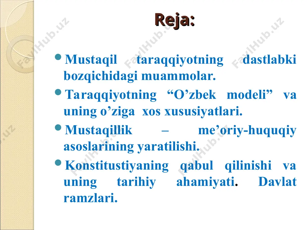 g ko‘p darajada mos keladigan bozor iqtisodiyotini shakllantirishga qaratilgandir. ayni mana shunday yo‘l o‘zbekiston xalqining munosib turmushini, uning huquqlari va erkinliklarini kafolatlashi, milliy an’analari va madaniyatining qayta tiklanishi, insonni shaxs sifatida ma’naviy axloqiy kamol topishini ta’minlashi mumkin», dedi. o‘zbekistonda yangi davlat va jamiyat qurishning besh tamoyili beshinchi – islohotlarni bosqichma-bosqich amalga oshirish to‘rtinchi – kuchli ijtimoiy siyosatni amalga oshirish, davlatning aholini ijtimoiy nochor qatlam va guruhlarini qo‘llab-quvvatlash borasida mas’ul bo‘lishi uchinchi – qonun ustuvorligi yoki barcha fuqarolarning qonun oldida tengligi ikkinchi – davlatning o‘zi eski tuzumdan yangi tuzumga o‘tish davrida bosh islohotchi bo‘lishi, ya’ni uning mamlakatni davlatchilik, ijtimoiy va iqtisodiy sohalarda yangilashga qaratilgan islohotlarning tashabbuskori bo‘lish vazifasini o‘z zimmasiga olishi birinchi – iqtisodiyotning mafkuradan xoliligi va uning siyosatdan ustunligi. boshqacha aytganda, avval iqtisod, keyin siyosat o’zbekiston iqtisodiyotiga ham zarar etkazgan edi. 80-yillarga kelib o’zbekiston asosiy ijtimoiy-iqtisodiy korsatkichlar boyicha ittifoqda oxirgi orinlardan birini egallar edi. o’zbekiston iqtisodiyoti bir tomonlama rivojlanib borgan. …