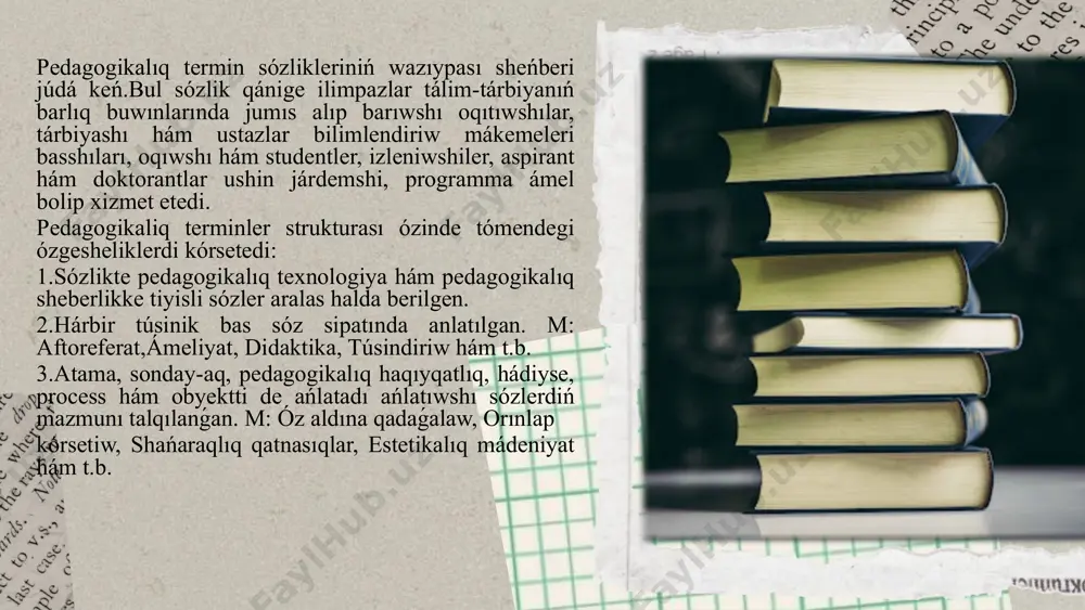 biyası, miynet tárbiyası, fizikalıq tárbiya, jámiyetlik paydalı miynet, pedagogikalıq ideya, pedagogikalıq kózqaras, didaktika, didaktikalıq princip, ańlılıq, usıl, analiz, sintez, xoshametlew, shólkemlestiriw dáwiri, sabaq, tákirarlaw, bekkemlew, tákirarlaw sabaǵı, estetikalıqq tárbiya, izbe-izliktiń principi, ádep-ikram, deduktivlik usıl, pán, pán dógeregi, klastan tıs jumıslaar, metodikalıq keńes, psixologiya, sózlik jumısı, seziw, seziw halatı, shıǵarma, jazba jumısı, lekciya, gúrriń usılı, shınıǵıw, bayan, olimpiada h.t.b. qaraqalpaq leksikografiyasında pedagogika hám psixologiya ilimlerine baylanıslı arnawlı túrde sózlikler dúziw isleri, endi qolǵa alınıp atırǵan edi. usı kúnge shekemgi pedagogikalıq terminologiya kúndelikli tálim-tárbiya isleri, sabaqlıqlar, oqıw quralları, ilimiy ádebiyatlar, sonday-aq, baspa sóz betlerinde qáliplesti hám házirgi kúnge rawajlanıw dárejesine jetti. paydalanilǵan ádebiyatlar. 1.ахманова о.с. словарь лингвистических терминов. – москва: советская энциклопедия, 1966. – 605 c. 2.азимов э.г., щукин а.н. новый словарь методических терминов и понятий. – м., 2009. – с. 326. 3.исломов и. ўзбек тилининг географик терминологияси: тизими, генезиси,семантик структураси ва лексикографик талқини: филол. фан. докт. ... дисс. – қарши, 2021. …