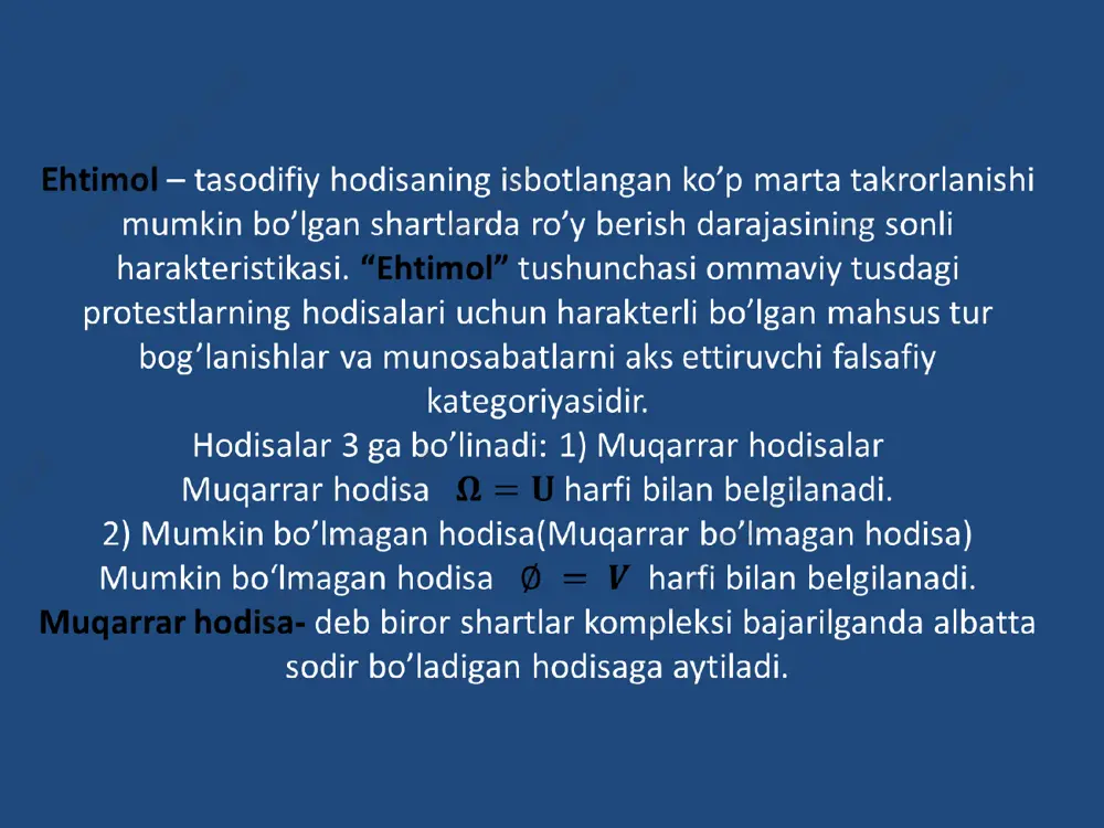 ifida – sinashlar haqiqattan o’tkazilganligi talab qilinmaydi. statistik ta’rifida esa sinash aslinda o’tkazilganligi talab qilinadi. . ehtimolning geometrik ta’rifi bu yerda va sohalar uzunlik, yuza, hajm va boshqa o’lchov birliklari bo‘lishi mumkin. tekshirish uchun savollar: elementar hodisalar fazosi va to‘plamlar orasidagi bog‘lanishlarni tushuntiring ehtimolning klassik, statistik, geometrik ta’riflarini aytib ularning bir-biridan farqini tushuntiring? ehtimolni aksiomatik ta’rifi, ehtimollar fazosi haqida tushuncha bering? kombinatorika elimentlari. a) o’rinlashtirish, b) o’rin almashtirish, c ) gruppalash formulalarini yozib, misollar yeching. 4. qishloq xo’jaligiga qo’llanishiga doir misollar misol-1. tajribalardan aniqlandiki, har 15 dona pilladan 2 tasi sifatsiz. tavakkaliga olingan 5 ta pilladan 3 tasi sifatli bo‘lish ehtimolini toping. misol-2. ekishga tayyorlangan 22 ta ko‘chatdan 2 tasi yaroqsiz. ulardan tavakkaliga 4 tasi olinganda 3 tasini yaroqli ko‘chat bo‘lish ehtimolini toping. misol-3. 2000 dona ekilgan chigitdan 1980 tasi unib chiqqan bo‘lsa, chigitni unuvchanligi necha foizni tashkil etadi? misol-4. ikki o‘rtoq a va b soat 10 va 11 oraligida …