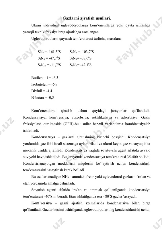 qdoriga va berilayotgan gazning tezligiga bog’liq. bundan tashqari yutilgan kom’onentlarning miqdori vaqtga, suyuq va gaz fazalarining kontakt yuzalariga bog’liq. bosimning absorbsiyaga ta'siri genri qonuniga bo’ysunadi. bu qonunga binoan gazning suyuqlikda erishi uning ‘arlarini suyuqlik ustidagi ‘arsial bosimiga ‘ro’orsionaldir. demak, tem’eraturani o’zgartirmasdan eritma ustidagi gazning bosimi oshirilsa u holda suyuqlikka gazning yangi qismi o’tadi. bosimning oshishi absorbsiyani yaxshilaydi. tem’eratura ko’tarilganda gazlarning suyuqlikda erishi yomonlashadi va umuman to’xtaydi. absorbentni tanlash yutiladigan gazning xossasiga bog’liq. uglevodorodli gazlar o’zlarining tuzilishiga va molekulyar massasiga yaqin bo’lgan yengil benzinda yaxshi yutiladi. yengil benzin ‘arlarining bosimi yuqori bo’lganligi uchun u gazlar bilan qisman olib ketiladi. odatda absorbsiya qurilmalarida 2 bosqichli absorbsiya ishlatiladi. 1 – bosqichda asosiy absorbent benzin bo’lsa, 2 – bosqichda og’irroq fraksiya tarkibiga ega bo’lgan kerosin yoki gazoyl fraksiyasi gazdan benzinni ushlab qolish uchun ishlatiladi. gazni suyuqlikda yutilishi issiqlik chiqishi bilan boradi. bunda absorbsiya sharoitlari o’zgarmasligi uchun texnologik qurilmalarda bir qator usullar qo’llaniladi. maqsadda ko’zlangan …