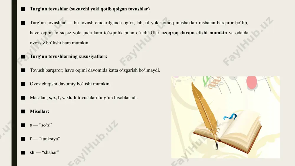 hahar, xona ovozli z, v, j, ɣ zavq, vaqt, jahon, g‘alaba turg‘un tovushlar misollari noturg‘un tovushlarning xususiyatlari qisqa muddatli tovush – noturg‘un tovushlarni tez va qisqa chiqarish mumkin. harakatli tovushlar – tovush hosil bo‘lishi vaqtida til va lab tez harakat qiladi. havo oqimiga keskin to‘sqinlik – bu tovushlar hosil bo‘lishida qisqa to‘sqinlik yuz beradi. lingvistik roli – so‘zning ma’nosini ajratishda, talaffuz va urg‘uda muhim. fonetik belgilari – undosh tovushlar orasida turg‘un tovushdan tez ajralib turadi. ovoz turi tovushlar misol so‘zlar ovozsiz p, t, k, ch pishloq, taom, kitob, choy ovozli b, d, g, j bola, do‘st, gul, jamoa noturg‘un tovushlar misollari tovushlarni talaffuz qilish qoidalari turg‘un tovushlar — so‘zning ohangini va ma’nosini aniqlashda yordam beradi. masalan: so‘z va zo‘z tovushlaridagi farq. noturg‘un tovushlar — so‘zni boshlash va tugatishda, talaffuzni aniq qilishda muhim. masalan: kitob va gidob talaffuzidagi farq. lingvistik roli so‘zlarni ajratish – turg‘un va noturg‘un tovushlar bir-birini almashtirganda so‘zning …