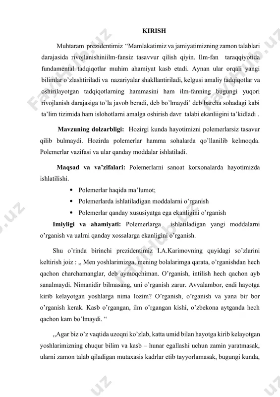 sak, bugungi kunda, butun dunyoni qamrab olgan moliyaviy iqtisodiy inqiroz davrida yurtimizda tinchlikni saqlab, iqtisodiyotimizning barqaror o’sish sur’atlarini taminlashga, ayni shunday og’ir sharoitda xalqimiz hayotining tobora yuksalishiga erisha olarmidik. yo’q, albatta. “ shunday ekan biz yoshlar bizga yaratilgan imkoniyatlardan unumli foydalangan holda o’qib izlanishimiz va olgan bilimlarimizni amalda qo’llay olishimiz kerak. 1.polimerlarning magnit xossalari polimerlar tashqi kuch hisobiga uning makromolekulalar muvozanat holatidan energetik holatni egallaydi. bu holat nomuvozanat holatdir. shuning uchun ham energetik jihatdan muvozanat holatga utishga harakat qiladi. odatda molekula nomuvozanat holatdan muvozanat holatga qaytishi uchun molekula bir vaqt talab qilishadi. bu vaqt relaksatsiya vaqti deb yuritiladi. polimeralrni xarakterlaydigan biror bir kattalik vaqt davomida o`zgarishi analitik ko`rinishi quyidagicha yoziladi. s=s0e–t/τ t-kuzatish vaqti τ -relaksatsiya vaqti s-polimerlarning biror bir parametri polimerlar holati va harakaini o`rganishda hamma vaqt ular uchun tajriba kuzatish vaqti (t) , molekulalar darajasida o`zgarishini ifodalaydigan relaksatsiya vaqti (τ). ideal egiluvchan polimerlar uchun kuchlanishni vaqt davomida deyarli o`zgarmasdir …