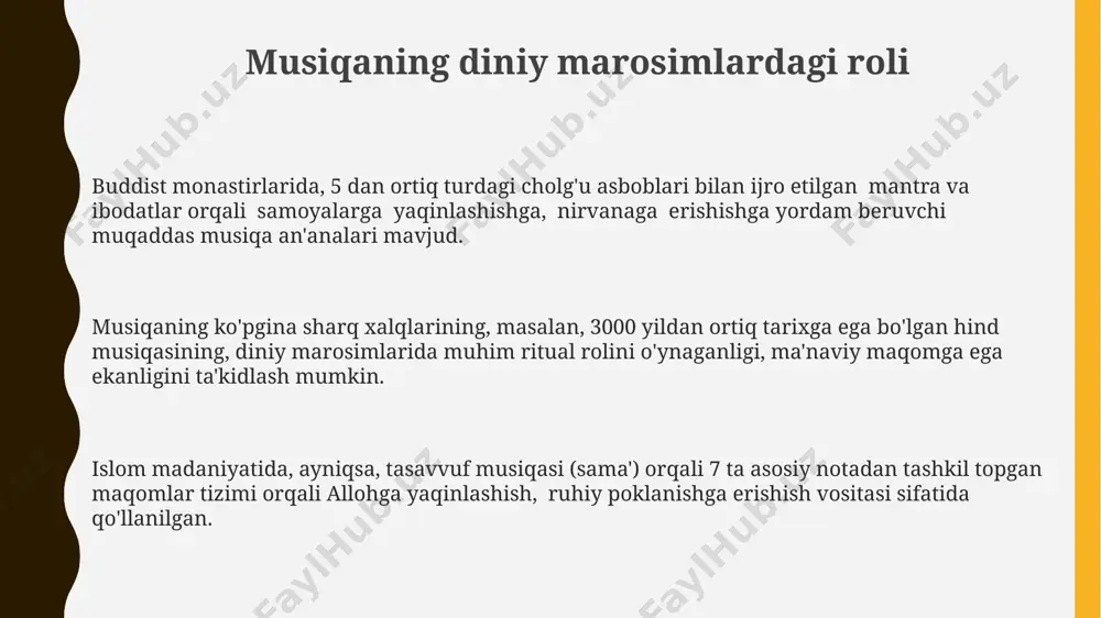 arida 30% dan ortiq foizda qo'llanilib, musiqaga o'ziga xos timbral boylik bag'ishlaydi. musiqiy folklor va afsonalar musiqiy folklor va afsonalarda 12 ta asosiy modal tizim mavjud bo'lib, ularning har biri geografik hududlarga bog'liq holda o'ziga xos xususiyatlarga ega. musiqiy folklorning 70% dan ortig'i og'zaki an'analar orqali avloddan-avlodga o'tib, o'ziga xos uslubiy xususiyatlarni saqlab qolgan. afsonaviy qahramonlar haqidagi qo'shiqlar va dostonlar ko'pincha 5/4 yoki 7/8 kabi murakkab ritmik tuzilmalardan foydalanadi. musiqiy nota yozuvi va yozilishi arab, fors va hind musiqalarida maqom tizimining mavjudligi nota yozuvining o‘ziga xos intervalli va modal tuzilmalarini yaratgan. o‘rta osiyo musiqasidagi 72 ta mikrotonal interval esa g‘arb nota yozuvi tizimida 12 ta yarim ton bilan ifodalanishi mumkin emas, shuning uchun qo‘shimcha belgilar qo‘llanishi kerak. sharqiy xalqlar musiqasida 5 dan ortiq cholg‘u asboblarini bir vaqtda qo‘llash nota yozuvida ko‘p qatorli (polyphonic) tuzilmalarni aks ettirishni talab qiladi. improvizatsiyaning ahamiyati improvizatsiya, ayniqsa, maqom musiqasida, 7 dan ortiq asboblarning birgalikdagi ijrosi …