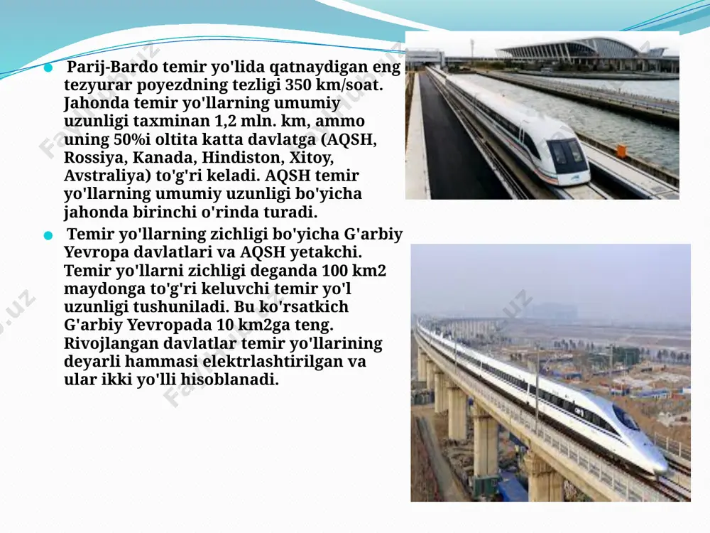 bo'lib yo'lga chiqqan yo'lovchilarga nisbatan tadbiq etilmaydi. o'zbekiston respublikasi prezidentining 18.01.2017 yilda gabul qilingan"2017-2021 yillarda orolbo'yi mintaqasini rivojlantirish davlat dasturi to'g'risida"gi pq-2731 sonli qaroriga asosan “o'zbekiston temir yollari” aj “qo'ng'irot – toshkent – qo'ng'irot”, “urgench – toshkent – urgench”, hamda “shovot – toshkent – shovot” yo'nalishidagi poezdlarda qatnovchi quyidagi toifadagi yo'lovchilarga belgilangan tariflarga nisbatan 50% chegirma joriy qilindi. • pensionerlar (shular jumlasidan, 1941-1945 yillardagi ii jahon urush qatnashchilari va nogironlari hamda ularga tenglashtirilgan shaxslar, chernobil aesdagi halokat oqibatlarini bartaraf qilishda ishtirok etganlar); • nogironlar (birinchi, ikkinchi yoki uchinchi guruh), nogironlik guruhi ko'rsatilgan tibbiy-mehnat ekspert komissiyasi tekshiruv akti ko'chirmasi yoki guvohnoma bo'lgan holda hamda nogironga hamrohlik qiluvchi shaxs; • 16 yoshgacha bo'lgan bolalikdan nogironlar, nogironlik guruhi ko'rsatilgan tibbiy-mehnat ekspert komissiyasi tekshiruv akti ko'chirmasi yoki guvohnoma bo'lgan holda hamda nogironga hamrohlik qiluvchi shaxs; • o'qishga ketayo'tgan talabalar, oliy ta'lim muassasasiga taklifnoma yoki oliy ta'lim muassasasiga yollanma, yoki talabalik guvohnomasi va oliy ta'lim …