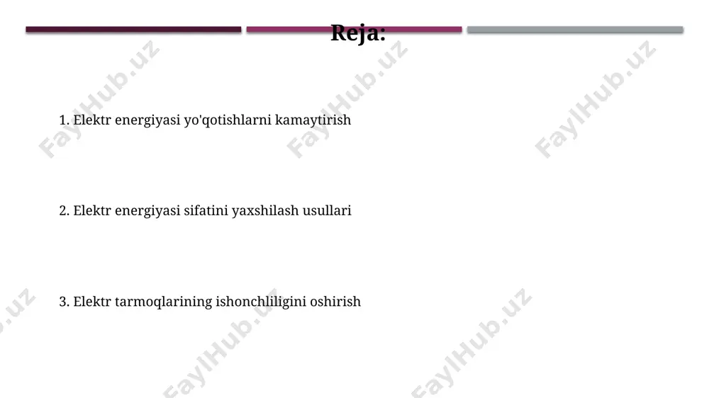 uvvat koeffitsiyentini ta'minlab, tarmoqdagi kuchlanish pasayishini 3-5% ga kamaytiradi va energiya samaradorligini oshiradi. dinamik kuchlanishni qayta tiklash tizimlari (dvr) o'tish jarayonlarida kuchlanishning pasayishini 10 ms dan kamroq vaqt ichida 10% dan 20% gacha tiklaydi, bu esa murakkab yuklarning ishonchli ishlashini ta'minlaydi. zamonaviy texnologiyalardan foydalanish yuqori samarali qurilmalar va energiya tejaydigan texnologiyalar, masalan, 90% samaradorlikka ega quyosh panellaridan foydalanish, elektr tarmog'iga qo'shimcha barqarorlik va sifatni ta’minlaydi. katta hajmdagi ma’lumotlarni tahlil qilish (big data) orqali elektr tarmog'idagi nosozliklarni 70% tezroq aniqlash va oldini olish mumkin, bu elektr energiyasi uzilishlarining sonini sezilarli darajada kamaytiradi. tarmoq barqarorligini ta'minlash smart grid texnologiyalari, real vaqtda tarmoq holatini monitoring qilish orqali, 99,99% ga yaqin ishonchlilikni ta'minlaydi va avtomatik himoya tizimlarining tezkor ishlashini ta'minlaydi. dinamik reaktiv quvvat kompensatsiyasi tizimlarini qo'llash orqali tarmoq chastotasi tebranishlarini 0,1 hz dan kamroq darajada ushlab turish mumkin, bu esa elektr energiyasi sifatini sezilarli darajada yaxshilaydi. e'tiboringiz uchun rahmat @taqdimot_robot image1.jpg image2.jpg image3.jpg image4.jpg …