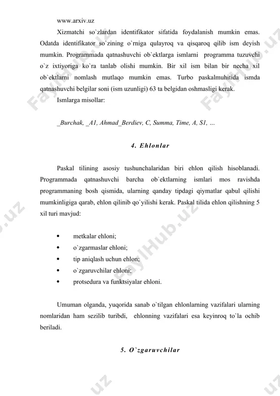 niqlangan qator nomerlari orqali yoziladi. paskal tilida esa, operatorlar ketma-ket yozilib, o`zaro ";" belgisi bilan ajratib boriladi. bundan tashqari, yozilgan programmaning o`qishga oson va undan foydalanish qulay bo`lishligi uchun programmada "matnni ajratish" tushunchasidan foydalaniladi (bo`sh joy, qatorni tugashi va izohlar). bo`sh joy (probel) grafik tasvirga ega emas belgi bo`lib, qatordagi bo`sh joyni anglatadi. lekin, bo`sh joy belgisi o`zining sonli kodiga ega va programma matnidagi boshqa belgilar kabi kompg`yuterga kiritiladi. qator oxiri (tugashi) boshqaruvchi belgi bo`lib, u ham grafik tasvirga ega emas. ma`lumki, programma matnini yozish davomida uni tabiiy ravishda yangi qatorlarga ajratilib yoziladi. chunki, shu matnni yozmoqchi bo`lgan qog`ozning ham, kompg`yuter ekranining ham o`lchamlari cheklangan. programma matnini alohida qatorlarga ajratmay yozish ham mumkin, lekin bir satrga 256 tadan ortiq belgi sig`maydi. programma matnini alohida qatorlarga ajratish, programma tuzuvchining xohishiga qarab bajariladi. ma`lum bir qator tugamay turib, yangi qatorga o`tish uchun "qator oxiri" tugmachasi bosiladi. bu tugmacha ham o`zining maxsus sonli …