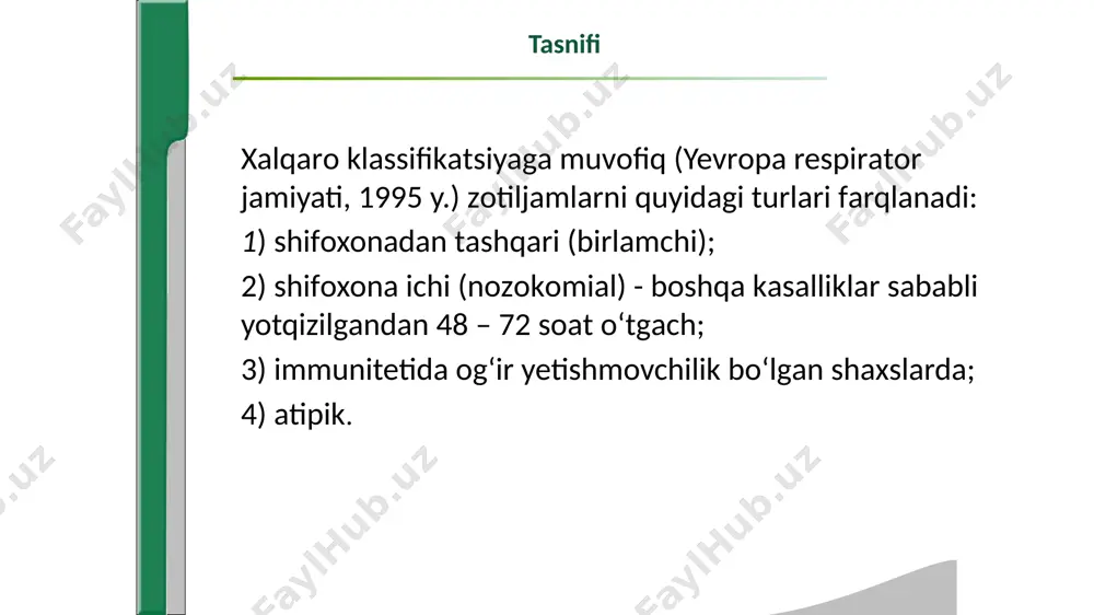 ‘ng infeksiyalanishning bronxogen shaklida paydo bo‘ladi. klinik nuqtai nazardan og‘ir kechib, intoksikatsiya belgilari («malina jelesi» ga o‘xshash kam miqdordagi balg‘am, keskin umumiy holsizlik, ba’zan eshushning buzilishi) yaqqol namoyon bo‘ladi. fizikal o‘zgarishlarga zararlanish ko‘lami va bemor ahvolidagi og‘irlik orasida nomutanosiblik xos. frindler zotiljami klebsiela tomonidan chaqirilib juda ham kuchsizlangan bemorlarda paydo bo‘ladi. kasallikda uzoq davom etuvchi prodromal davr va unga xos bo‘lgan isitmalash, bo‘g‘iq yo‘tal va umumiy holsizlik sekin-astalik bilan rivojlanadi. 3–4 kun o‘tgach infiltratsiya sohasida suyuqlikka to‘lgan ko‘plab yemirilish bo‘shliqlar paydo bo‘ladi. mikoplazmali zotiljam klinik jihatdan febril isitmalash, azob beruvchi dastlab quruq so‘ngra kam miqdorda shilliq-yiringli balg‘amli yo‘tal bilan kechadi. auskultatsiyada qattiq nafas, mahalliy quruq va nam jarangdor mayda pufakchali xirillashlar eshitiladi. rentgen tekshirishda – peribronxial va perivaskulyar infiltratsiya. qon tahlillarida leykotsitlarning me’yorida bo‘lishi bilan birga eritrotsitlar cho‘kish tezligining o‘ta yuqoriligi aniqlanadi. tetratsiklin guruhidagi antibiotiklar tayinlanganda bemor ahvoli tez yaxshilanadi. asosiy tekshirishlar: umumklinik ma’lumotlarni yig‘ish (shikoyatlar, anamnez, fizikal tekshirish); qonning …