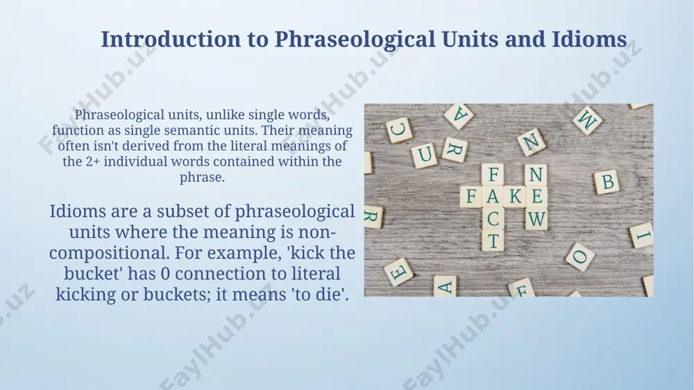 knowledge; only around 15% of people might understand its meaning without context. phraseological units across languages: translation challenges literal translations often fail because the combined meaning of the component words (e.g., 'kick the bucket') differs drastically from the phrase's actual meaning. this presents a significant problem during cross-linguistic transfer. languages showcase varying degrees of phraseological congruence; idiom a in language 1 may find a near-equivalent in language 2, or several partial equivalents, making choice and contextual awareness paramount for translators. idioms and figurative language: metaphor, metonymy, and more metonymy, a type of figurative language, uses one thing to represent something closely associated, like "the crown" to mean the monarchy; it is distinct from metaphor's indirect 2-part comparison. idioms often exploit metaphorical and metonymic processes, where abstract meanings arise from concrete images. for example, "hit the books" uses 'hit' and 'books' for studying hard, conveying a vivid, related action. phraseological units …
