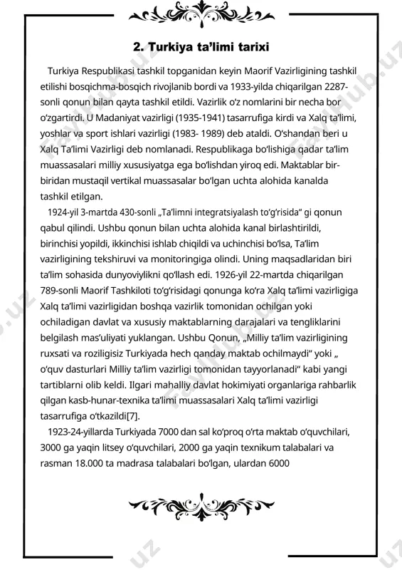 lari tomonidan koʻrsatiladi. va oʻnta qonun, ikkita qonun va oʻnta qoida qoidalariga asoslangan parvarish yoki taʼlim muassasalari. 2001-2002 o‘quv yilida 10,5 mingta maktabgacha taʼlim muassasalarida 256,4 ming nafar bola taʼlim-tarbiya oldi, 14,5 ming nafar o‘qituvchi ish bilan taʼminlandi. boshlangʻich maktab (turkcha: i̇lköğretim okulu) 4 yil davom etadi. boshlangʻich taʼlim 6 yoshdan 14 yoshgacha boʻlgan bolalarga qaratilgan taʼlim va oʻqitishni qamrab oladi, barcha fuqarolar, oʻgʻil bolalar yoki qizlar uchun majburiydir va davlat maktablarida bepul beriladi. boshlangʻich taʼlim muassasalari sakkiz yillik uzluksiz taʼlimni taʼminlaydigan maktablar boʻlib, uning yakunida bitiruvchilarga boshlangʻich taʼlim toʻgʻrisidagi diplom beriladi. boshlangʻich maktabning dastlabki toʻrt yili baʼzan „birinchi maktab, 1-bosqich“ deb ataladi (turkcha: i̇lkokul 1. kademe kademe) lekin ikkalasi ham toʻgʻri. birinchi, ikkinchi va uchinchi sinflarda toʻrtta asosiy fanlar mavjud: turk tili, matematika, hayat bilgisi (soʻzma-soʻz „hayotiy bilim“ degan maʼnoni anglatadi) va chet tili. toʻrtinchi sinfda, hayat bilgisi fan va ijtimoiy fanlar bilan almashtiriladi. maktablarda oʻqitiladigan chet tili maktabdan …