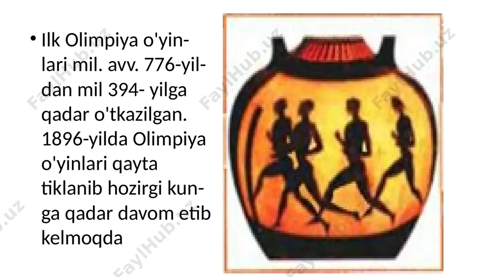i 776-yilda tashkil etilgan. 4 yillik davr olimpiadalar har to‘rt yilda bir marta o‘tkazilgan. 1 yagona maqsad tinchlik, do‘stlik va inson salohiyatini ro‘yobga chiqarish. 19 e’tiboringiz uchun rahmat! image3.jpeg image4.png image5.png image6.png image7.jpeg image8.jpeg image9.png image1.png image2.png image10.png image11.png image12.png image13.png image14.png image15.png image16.png image17.png image18.png image19.png image20.png image21.png image22.png image23.png image24.png image25.png image26.png image27.png image28.png image29.png image30.png image31.png