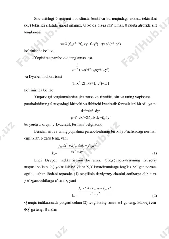 izga ma‘lumki, fxy=0 bo`ladi. (1) tenglik quyidagi ko`rinishni oladi: kn=fxx+fyy oxirgi tenglikda dy=0 deb, k'n=fxx ni dx=0 деб fyy=k"n ni topamiz. =соs(, =sin( belgilashni kiritib, kn=k'ncоs(+k"nsin( (4) formulani olamiz. bu yerda k'n ва k"n lar bosh yo`nalishlar bo`yicha olingan normal egriliklar (4) formula eyler formulasi deb yuritiladi. yuqorida ko`rib o`tilgan sirt qo`shma yo`nalishlar tushunchasi dyupen indikatrisasi bilan bog`likdir. shu munosabat bilan sirtning u,v parametrlari bilan uzviy bog`langan qiyshiq burchakli x,y,z koordinat sistemasida sistemasida yopishma paraboloid va dyupen indikatrisasining tenglamalarini topamiz. shuning uchun o`qlar bo`yicha bazis vektorlar sifatida ru, rv ва n vektorlarni olamiz. aytaylik, sirtning 0 nuqtasiga parametrlarning u=u0, v=v0 qiymatlari mos kelsin. sirt tenglamasini 0 nuqta atrofida quyidagicha yozishimiz mumkin, yani r=ru(u-u0)+rv(v-v0)+ruu(u-u0)2+2ruv(u-u0)(v-v0)+ rvv(v-v0)2+ +((u,v)[(u-u0)2+(v-v0)2] shu narsani aytish mumkinki, tenglamasi z=(lx2+2mxy+ny2) bo`lgan paraboloid sirtning 0 nuqtasidagi yopishma paraboloiddan iborat bo`ladi. xaqiqatan xam, uni quyidagi x=(u-u0) y=(v-v0) z=(l(u-u0)2+2m(u-u0)(v-v0)+n(v-v0)2) parametrik tenglama bilan berish mumkin. sirt bilan bu paraboloidning 0 nuqtasidagi 1-va2- kvadratik …